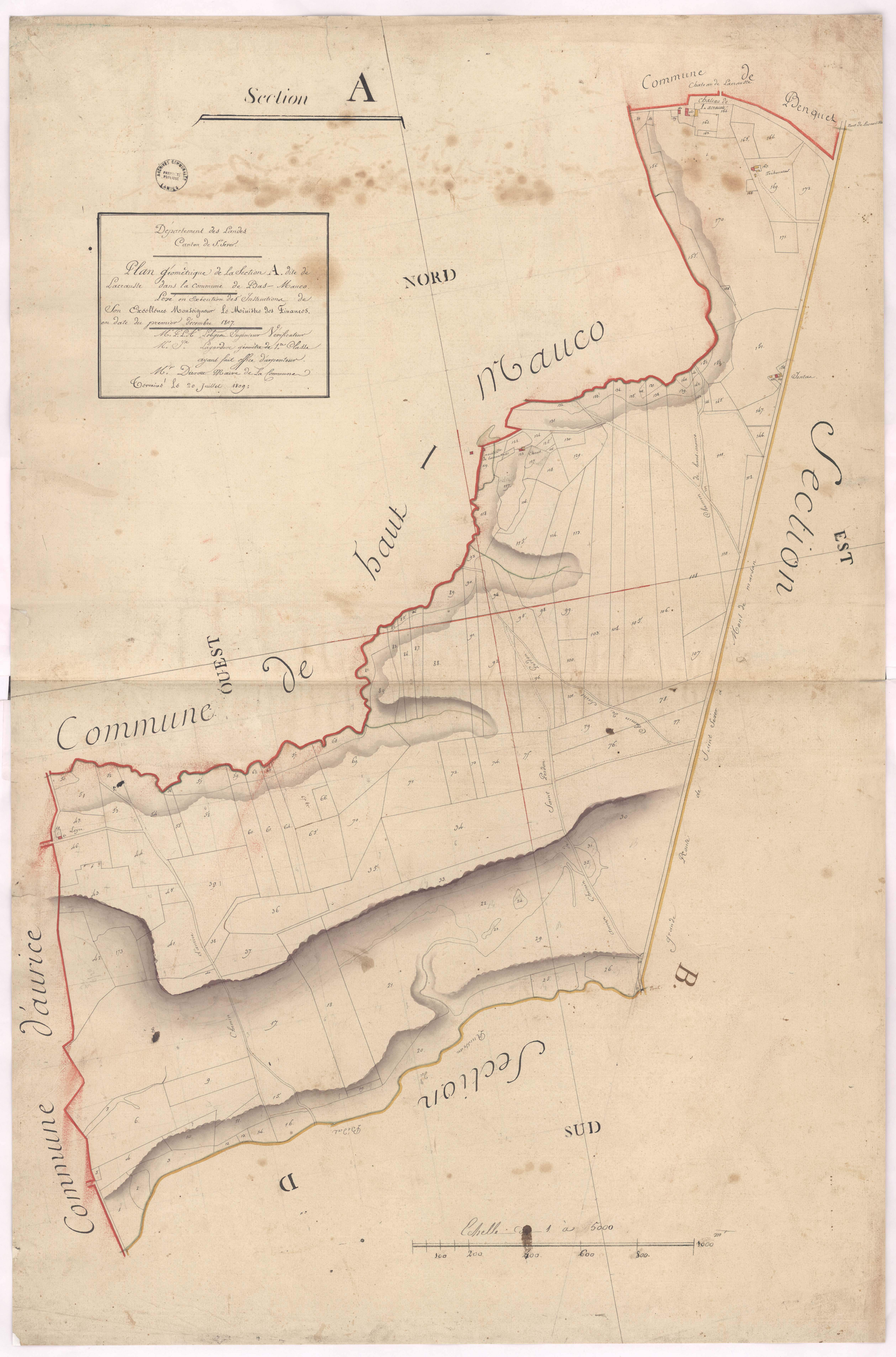 Bas-Mauco - Plan géométrique de la section A, dite de Lacrauste, par Lobgeois et Lagardère, géomètres