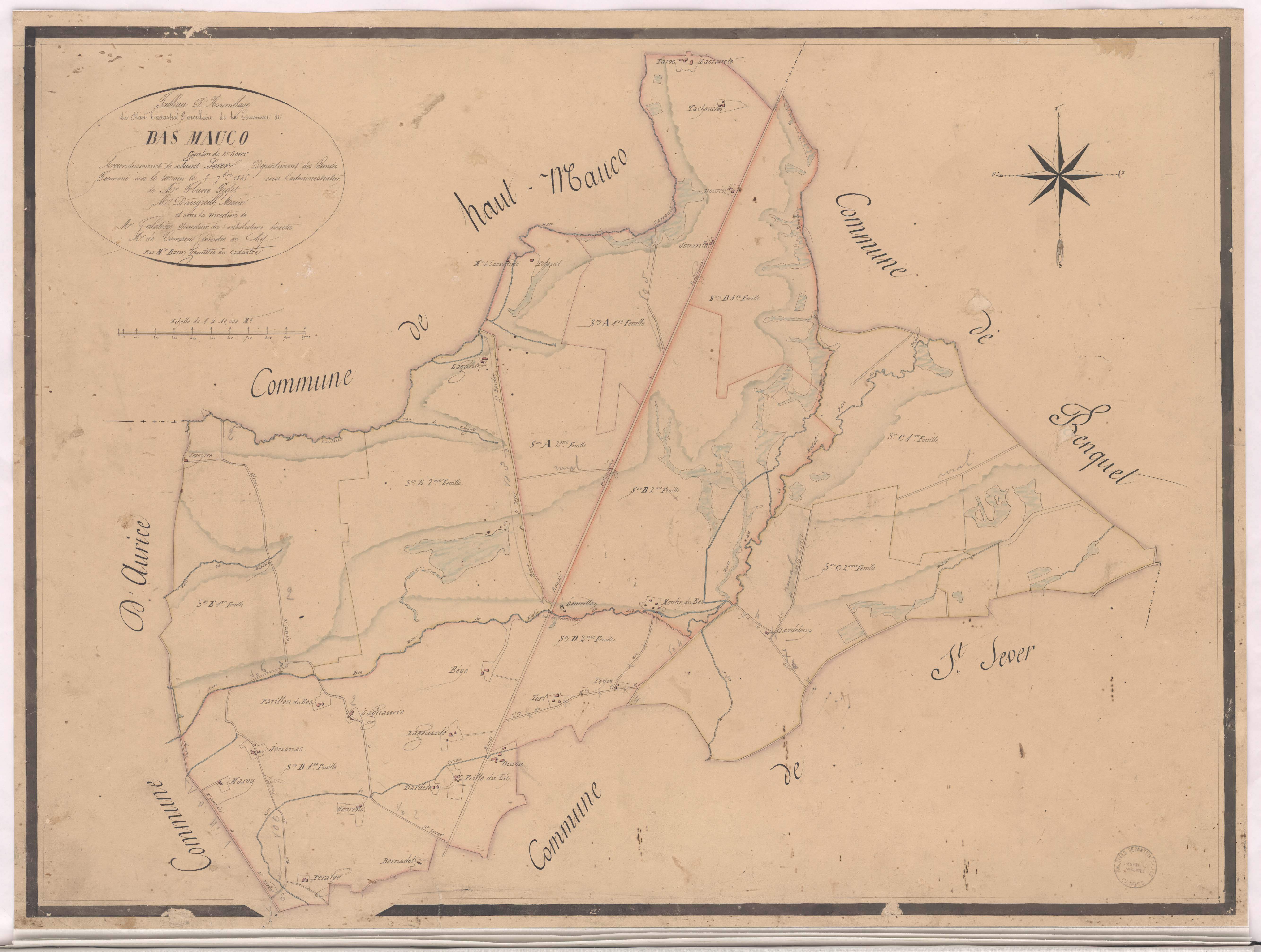 Bas-Mauco - Plan cadastral parcellaire de la commune de Bas-Mauco, par de Comeau et Brun, géomètres