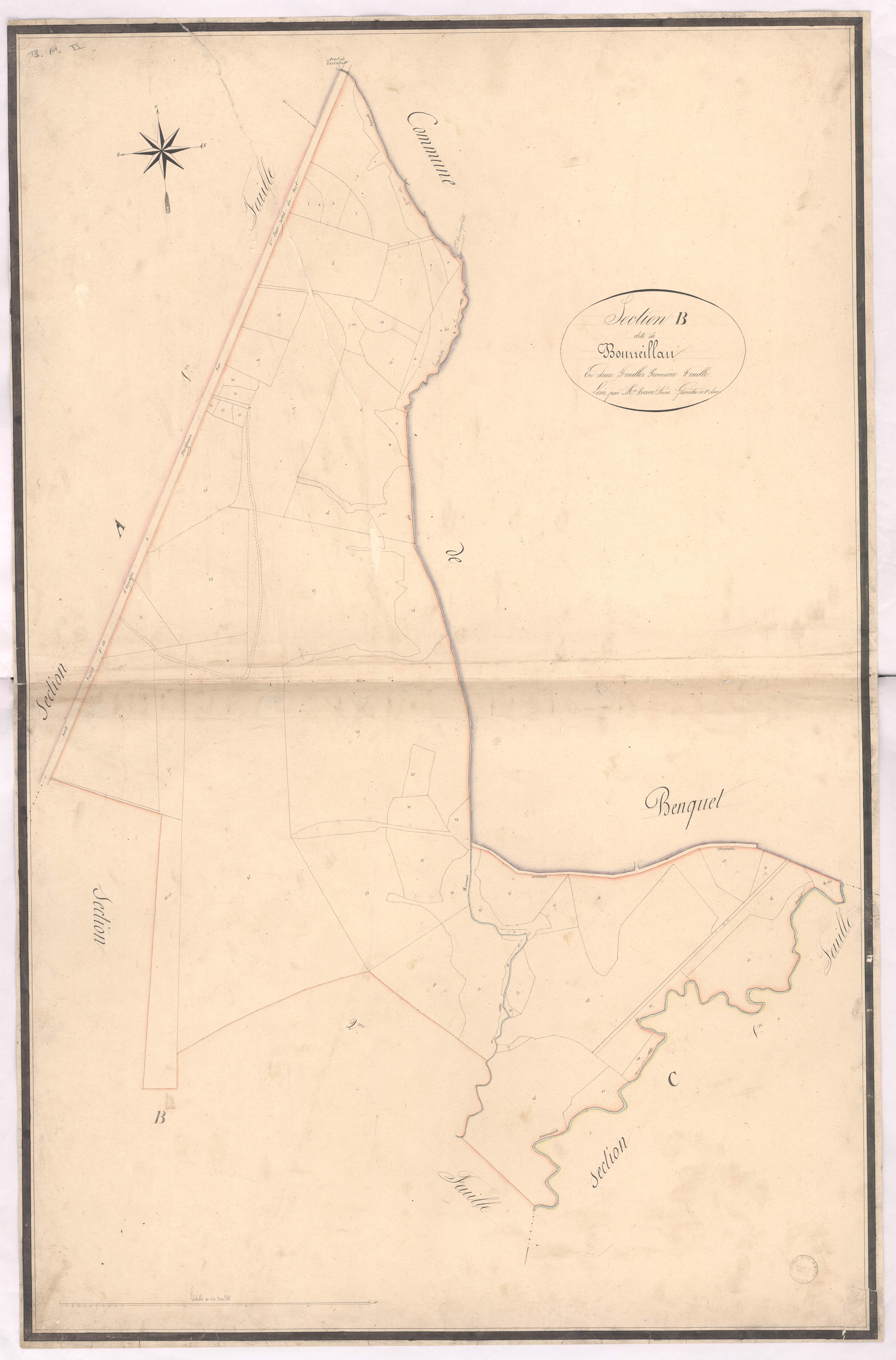 Bas-Mauco - Section B, dite de Bourreillan, 1re feuille, par Brun aîné géomètre