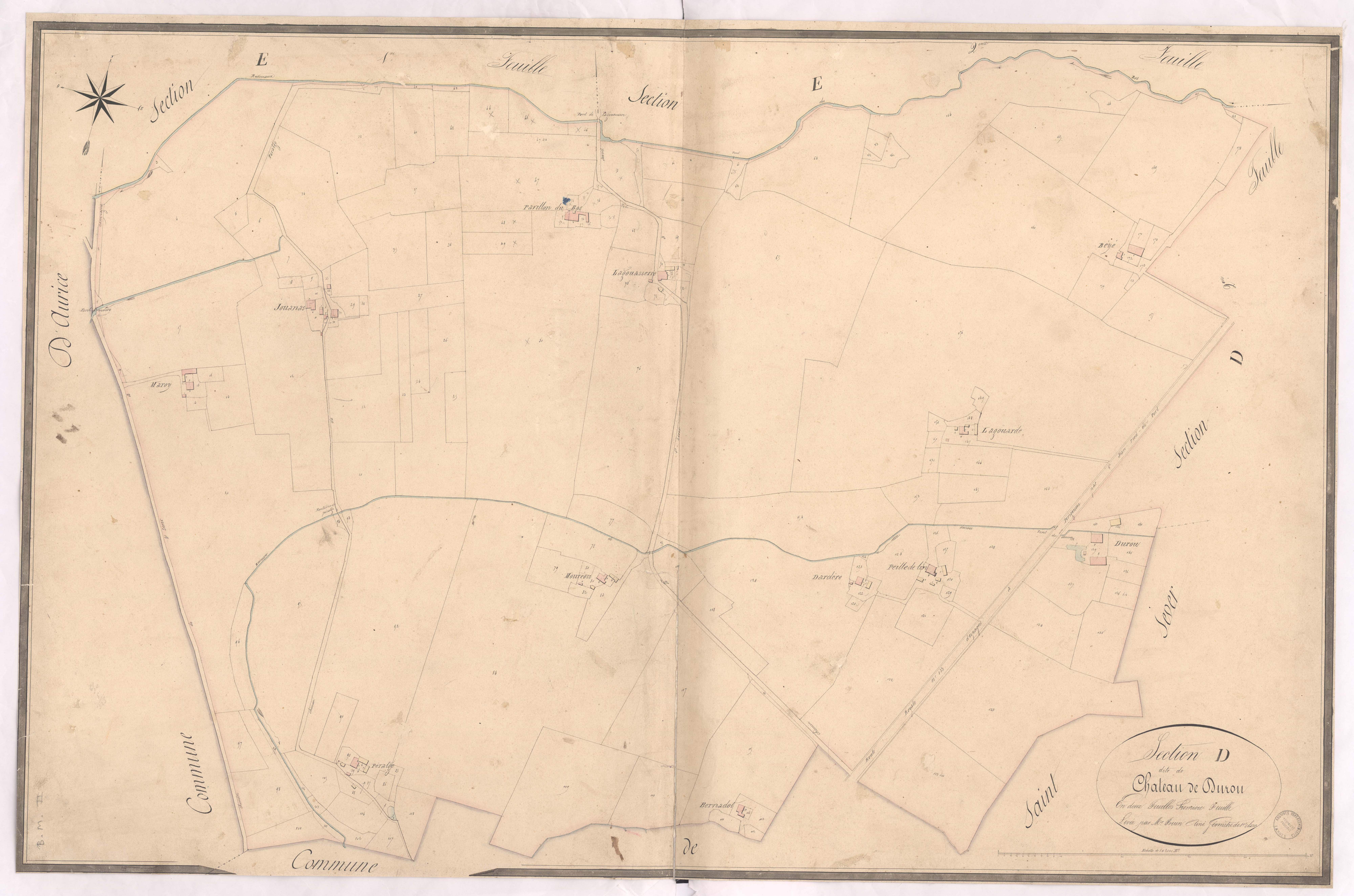 Bas-Mauco - Section D, dite de Château de Durou, 1re feuille, par Brun aîné géomètre