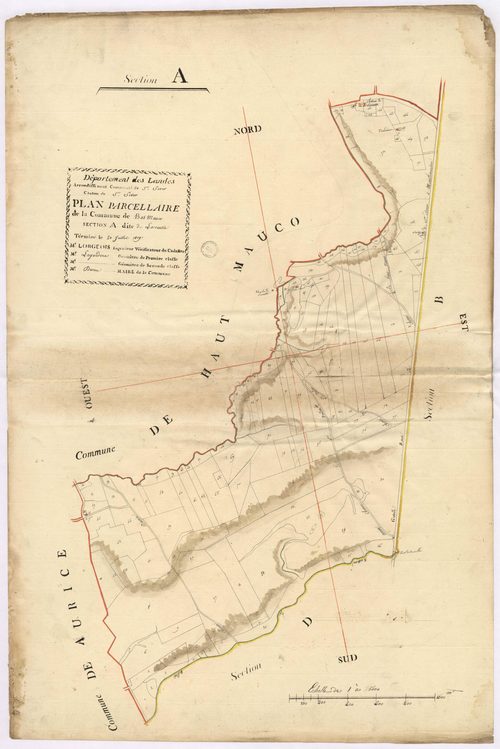 Bas-Mauco - Plan parcellaire de la section A, dite de Lacrauste, par Lobgeois et Lagardère, géomètres