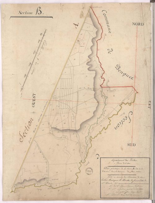 Bas-Mauco - Plan géométrique de la section B, dite de la Thuilerie, par Lobgeois et Lagardère, géomètres