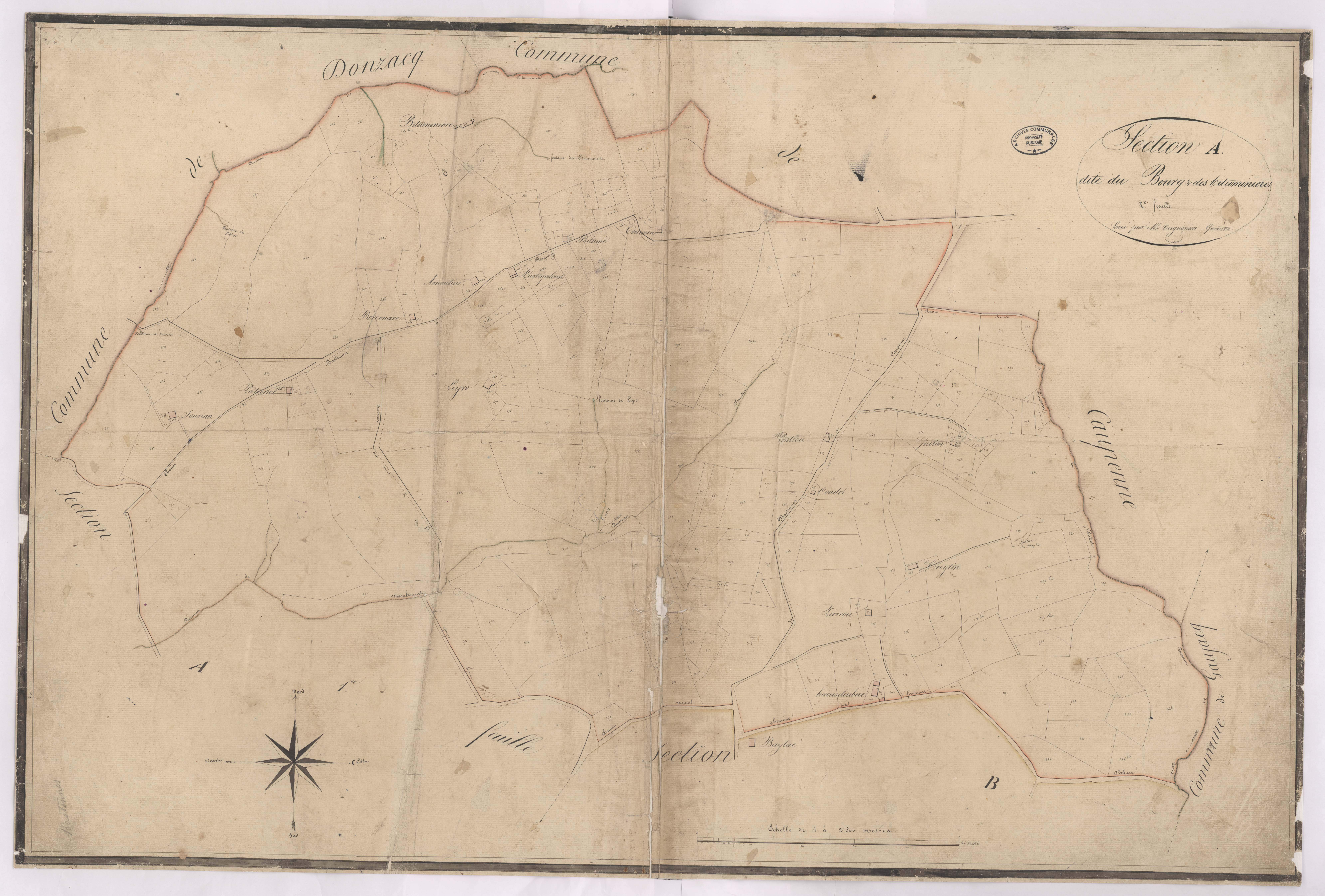 Bastennes - Section A, dite du Bourg et des bituminières, 2e feuille, par Vergoignan géomètre