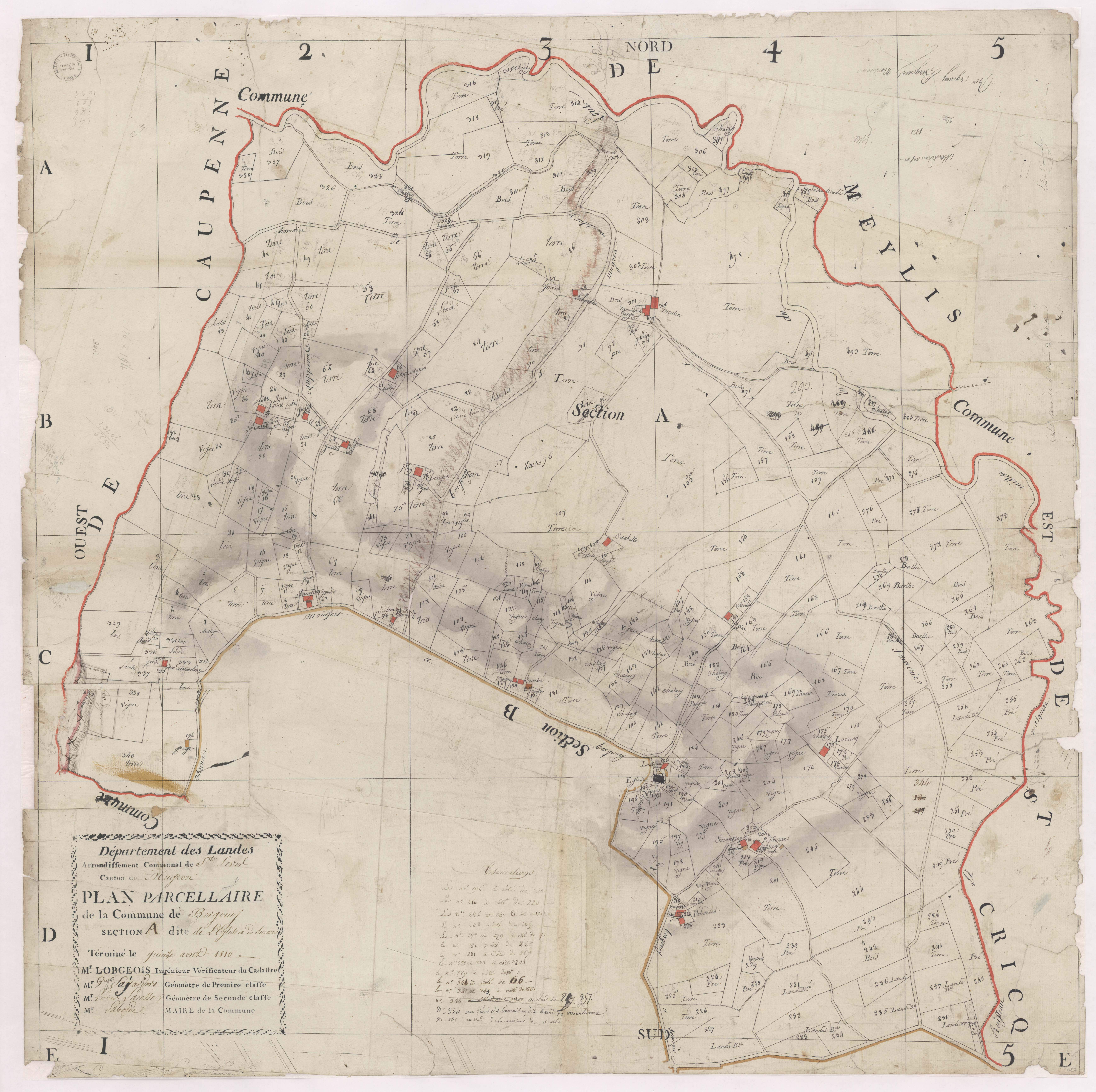 Bergouey - Plan parcellaire de la section A, dite de l'Eglise et de Suzans, par Lobgeois, Lagardère et Lacosse, géomètres