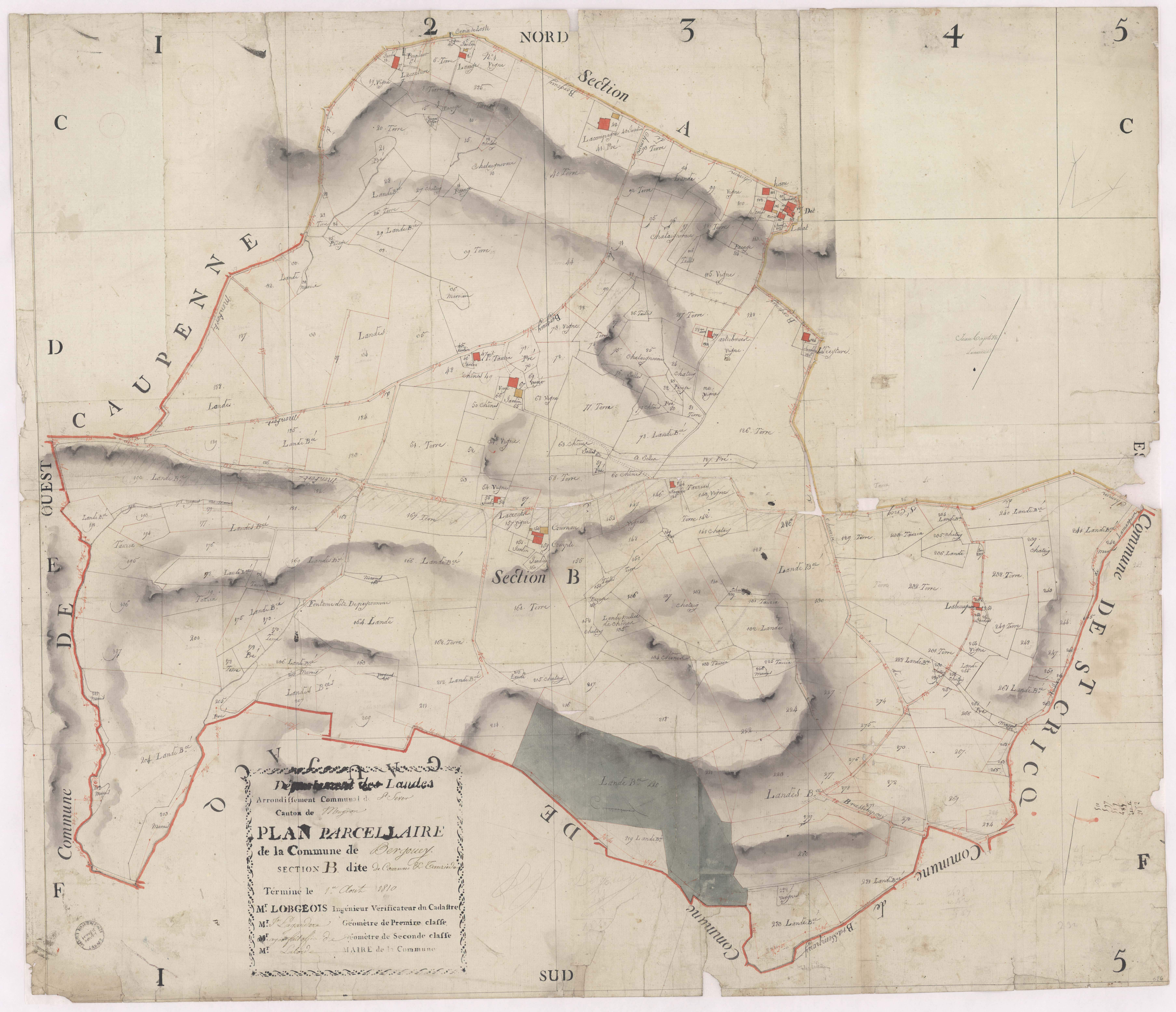 Bergouey - Plan parcellaire de la section B, dite de Cournau et Tauziède, par Lobgeois et Lagardère, géomètres