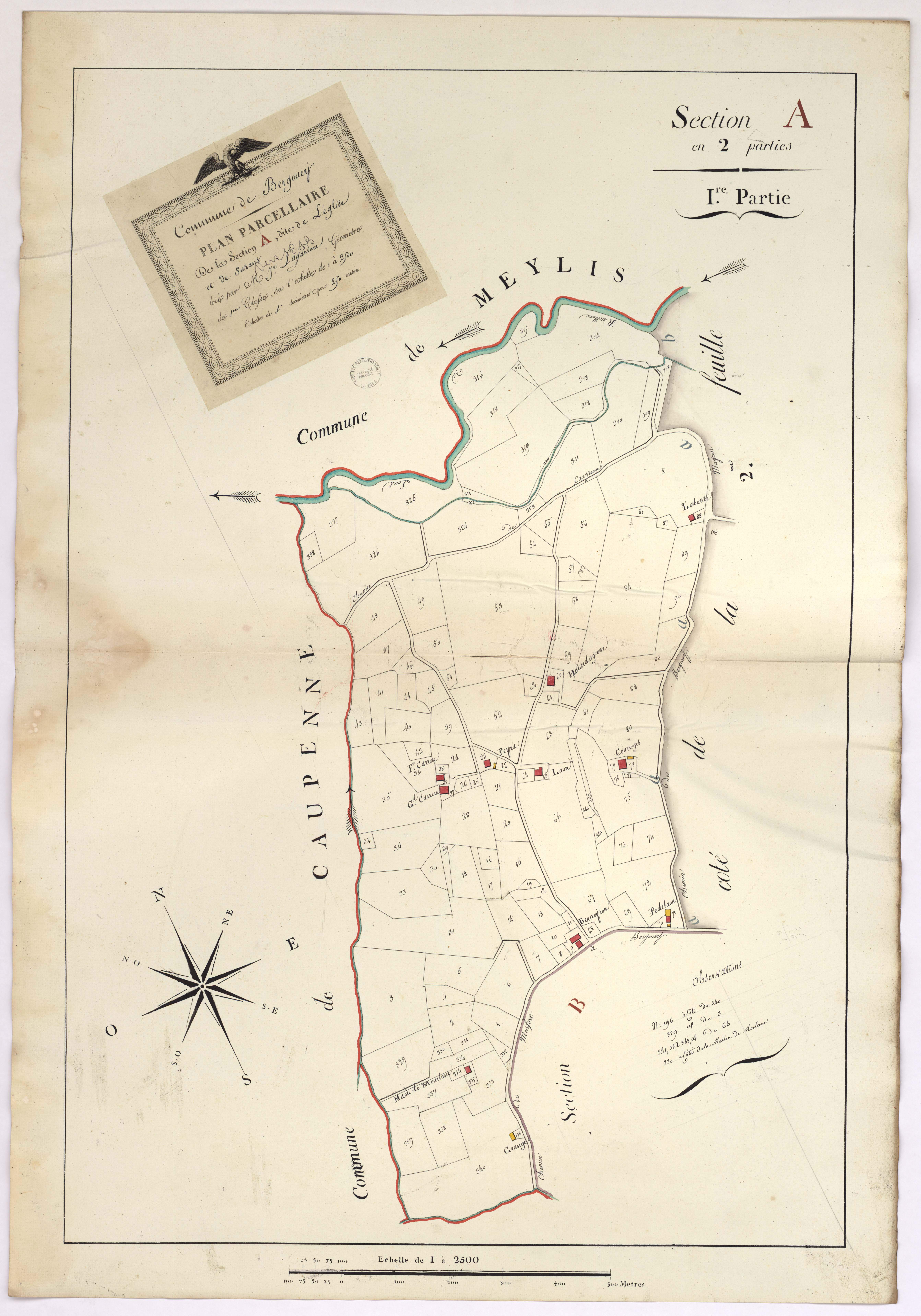 Bergouey - Plan parcellaire de la section A, dite de l'Eglise et de Suzans, 1re partie, par Lagardère géomètre