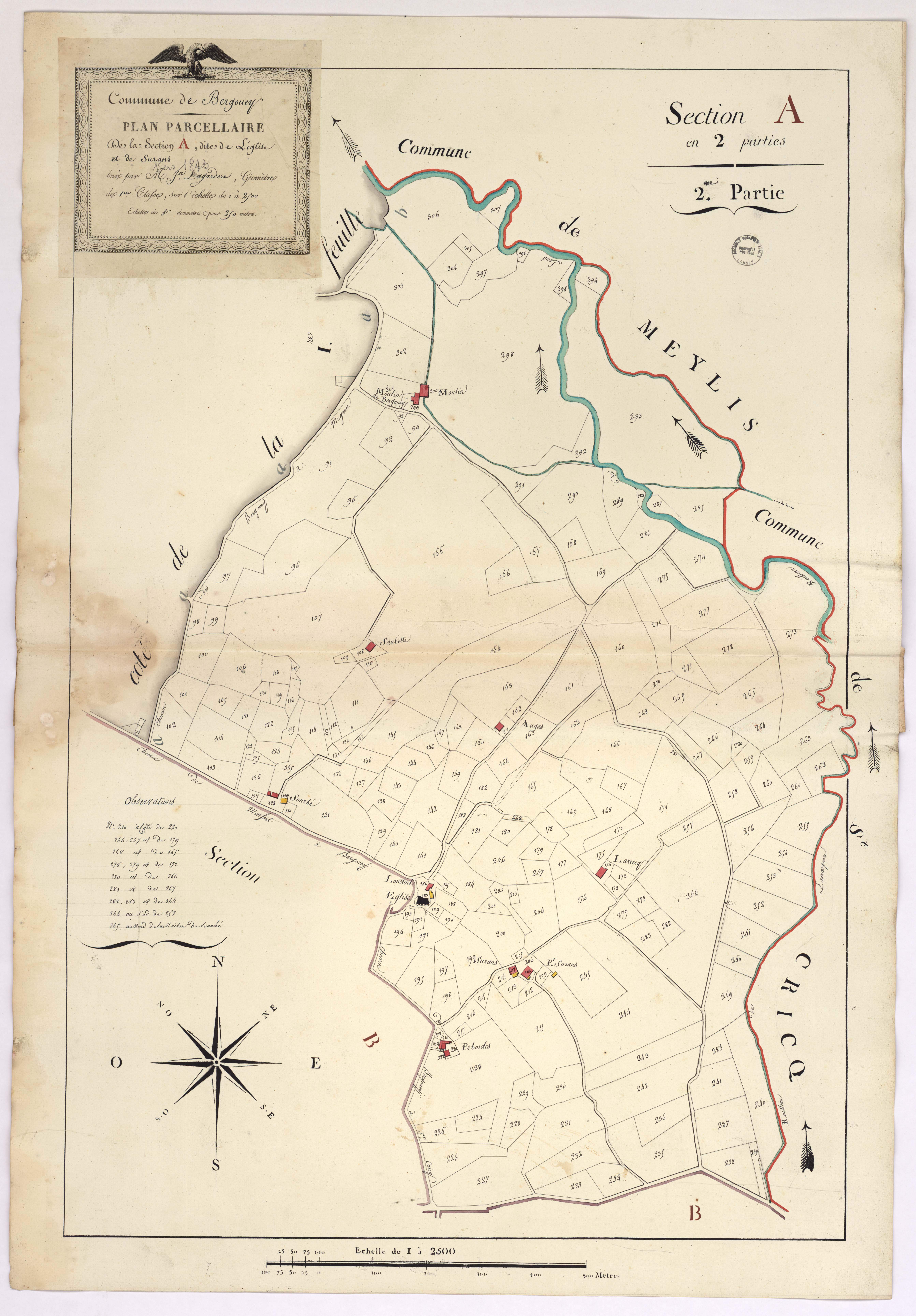 Bergouey - Plan parcellaire de la section A, dite de l'Eglise et de Suzans, 2e partie, par Lagardère géomètre