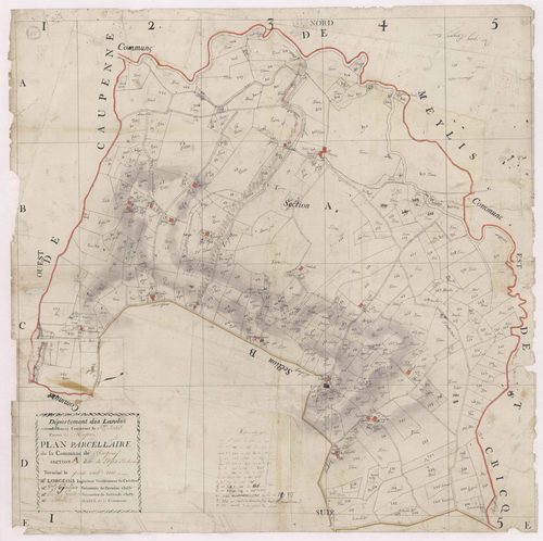 Bergouey - Plan parcellaire de la section A, dite de l'Eglise et de Suzans, par Lobgeois, Lagardère et Lacosse, géomètres