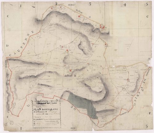 Bergouey - Plan parcellaire de la section B, dite de Cournau et Tauziède, par Lobgeois et Lagardère, géomètres