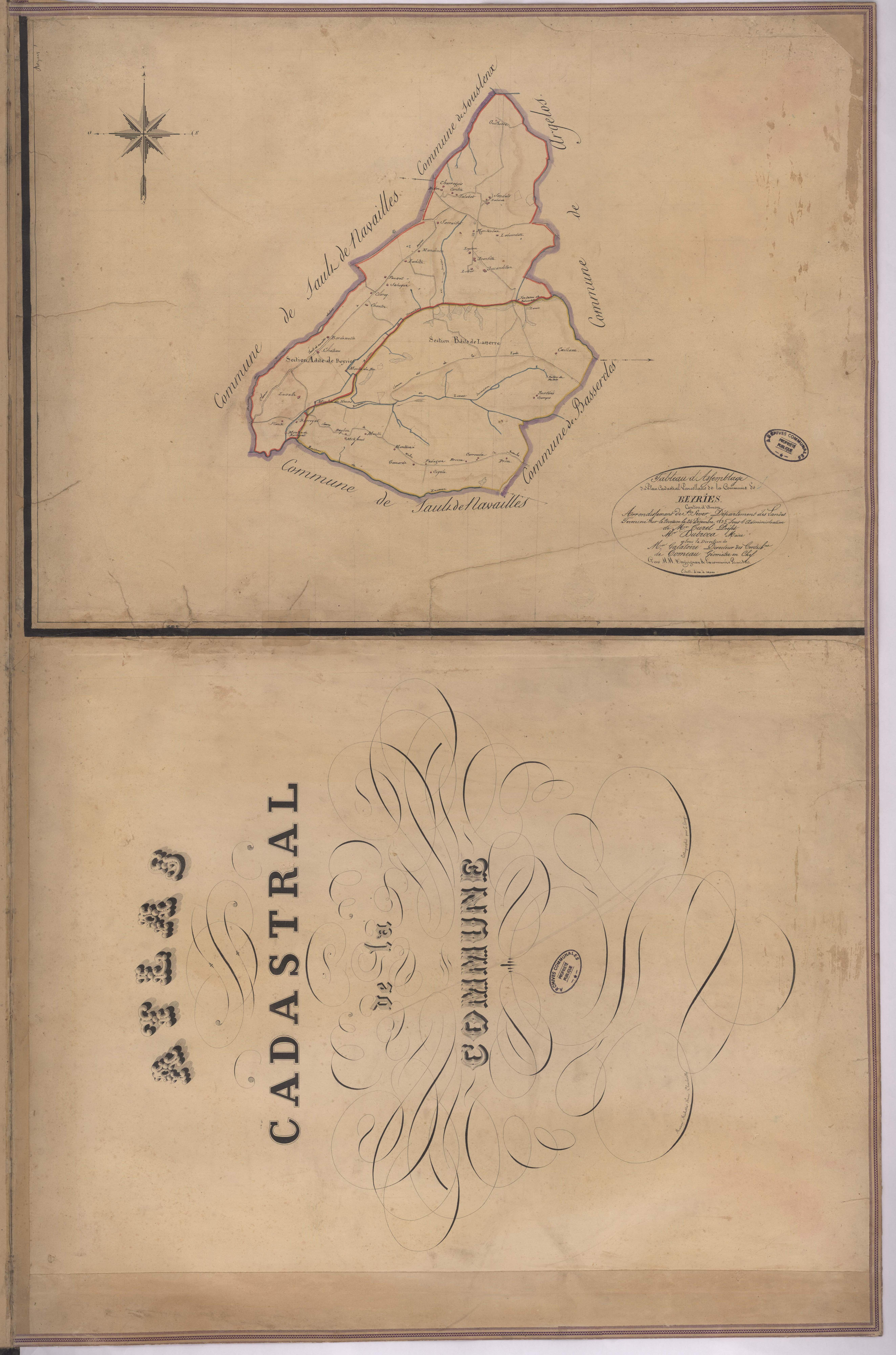 Beyries - Page de titre et tableau d'assemblage de la commune de Beyries, par de Comeau, Vergoignan et Lacomère géomètres