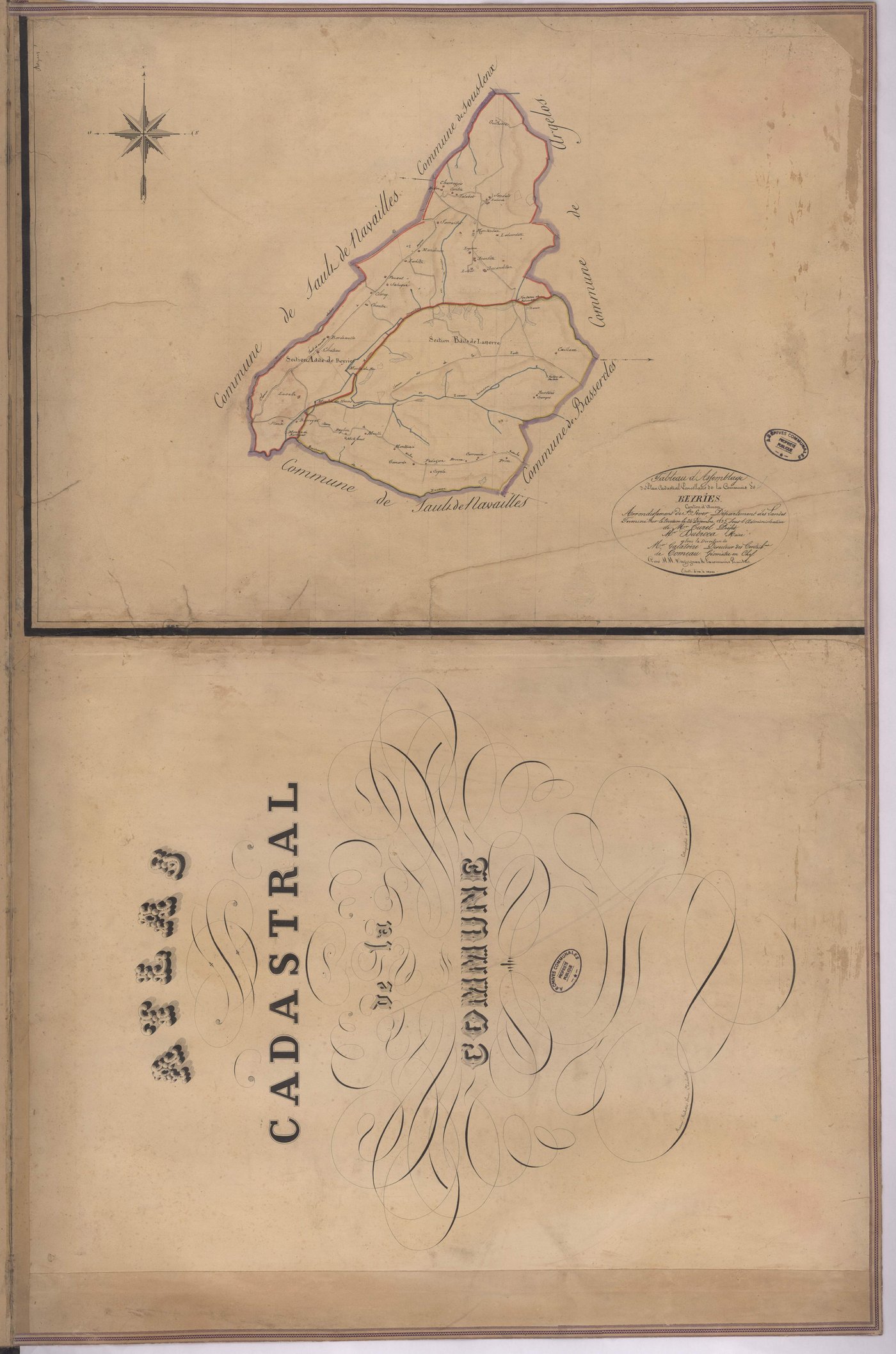 Beyries - Page de titre et tableau d'assemblage de la commune de Beyries, par de Comeau, Vergoignan et Lacomère géomètres