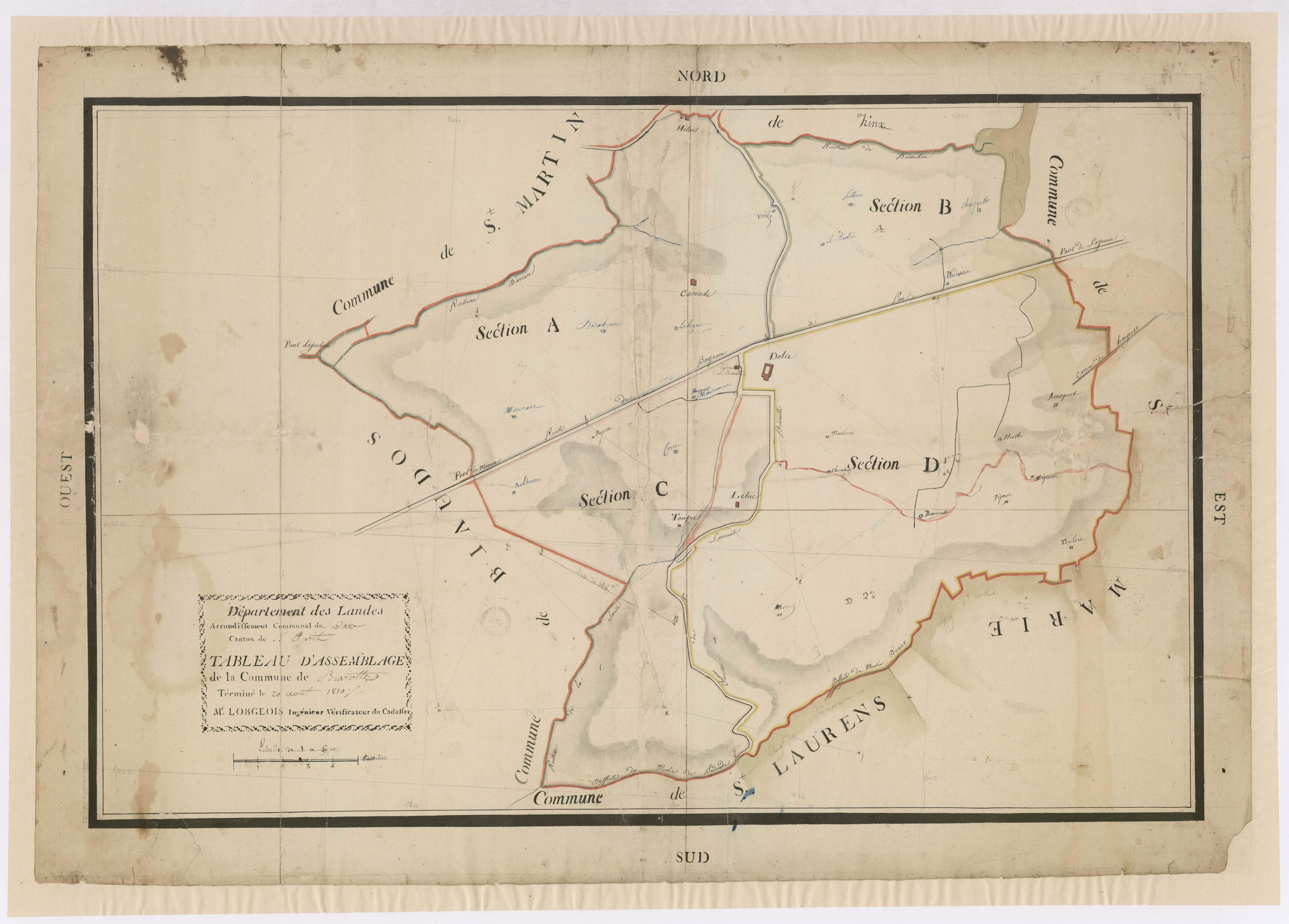Biarrotte - Tableau d'assemblage des cantons, triages ou lieux-dits composant la section A, dite du Bourg et Balacaou, par Lobgeois