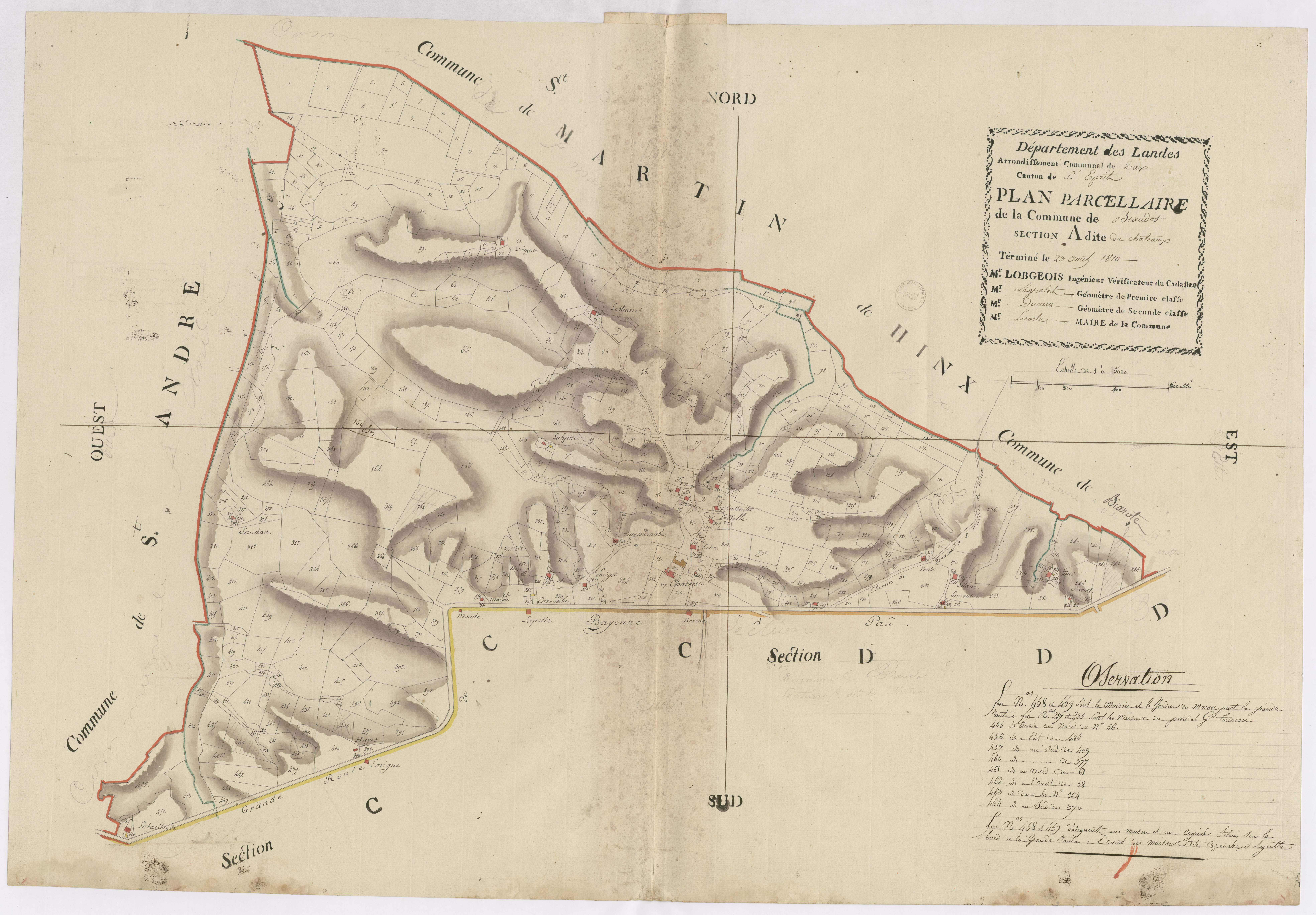Biaudos - Plan parcellaire de la commune de Biaudos, section A, dite du château, par Lagrolet et ducamp, géomètres