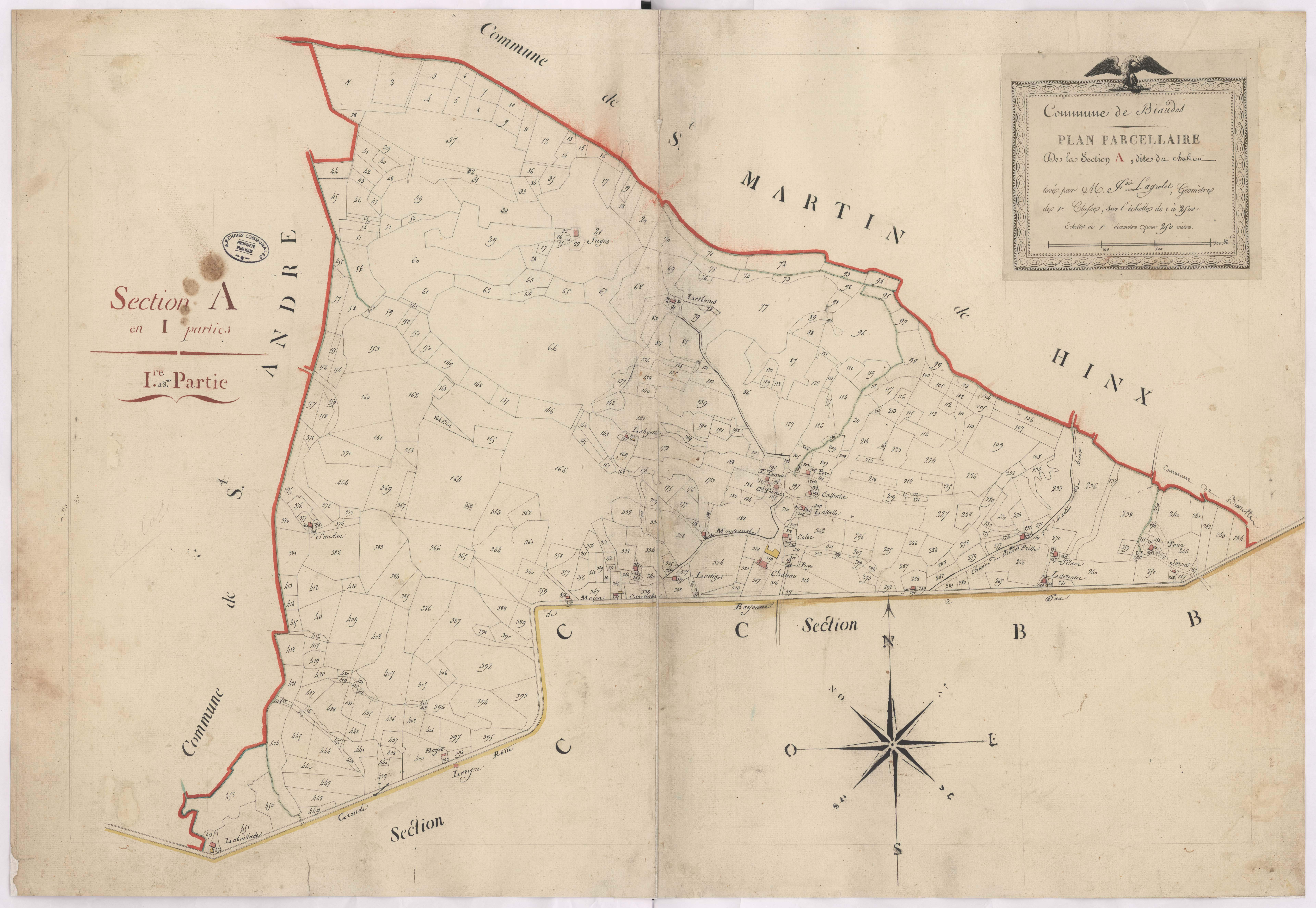 Biaudos - Plan parcellaire de la section A, dite du Château, par Lagrolet géomètre