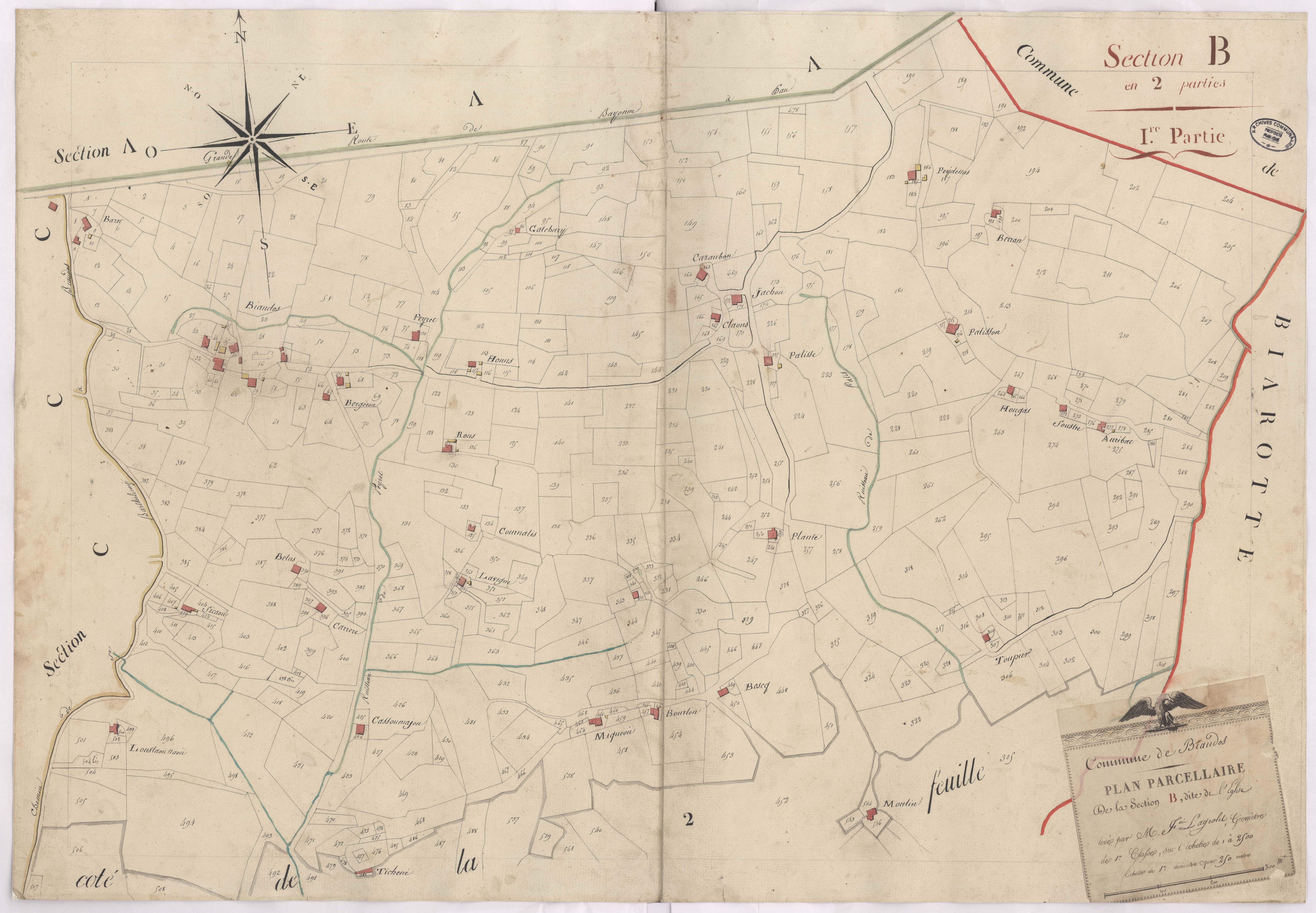 Biaudos - Plan parcellaire de la section B, dite de l'Eglise, 1re partie, par Lagrolet géomètre