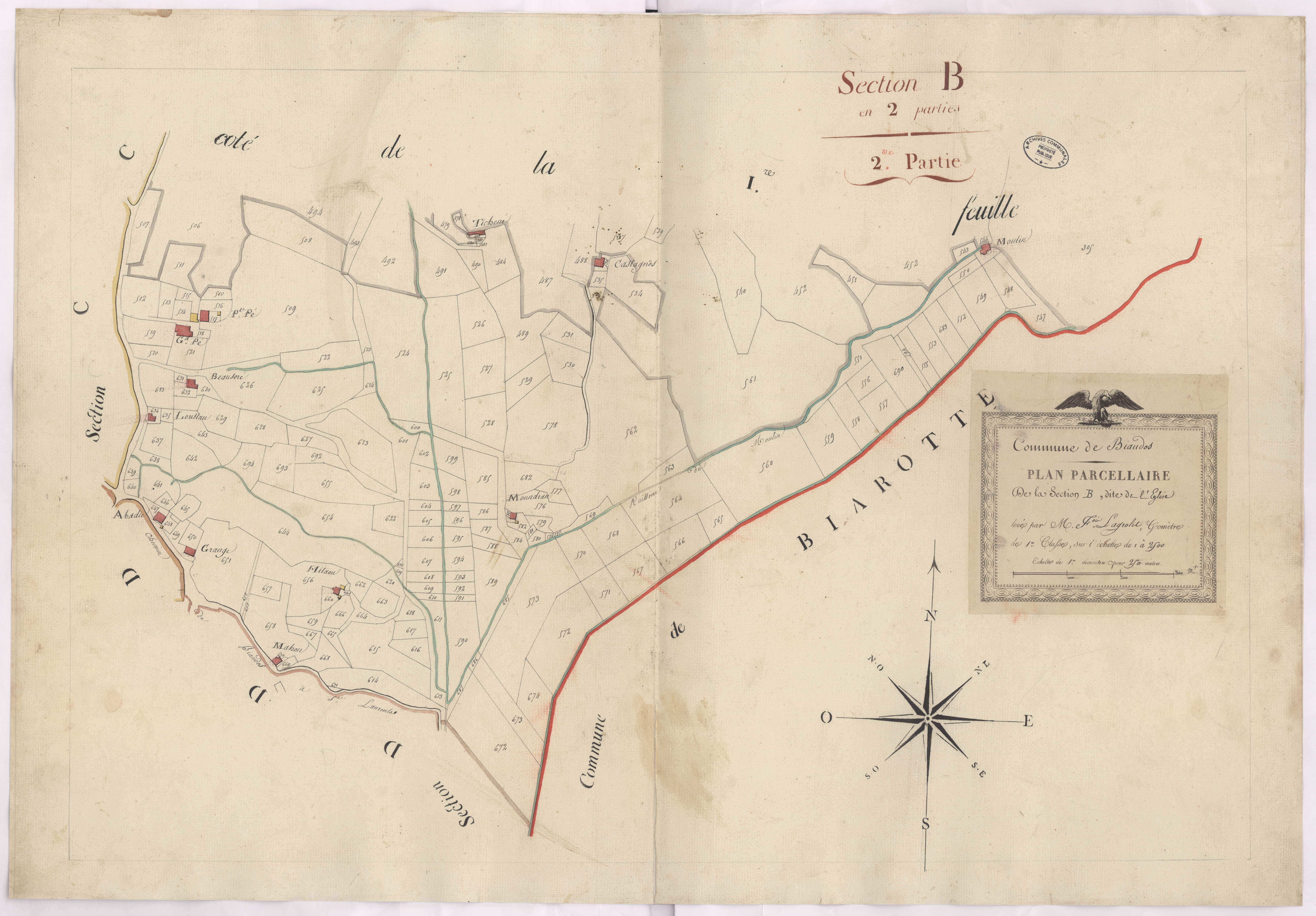 Biaudos - Plan parcellaire de la section B, dite de l'Eglise, 2e partie, par Lagrolet géomètre