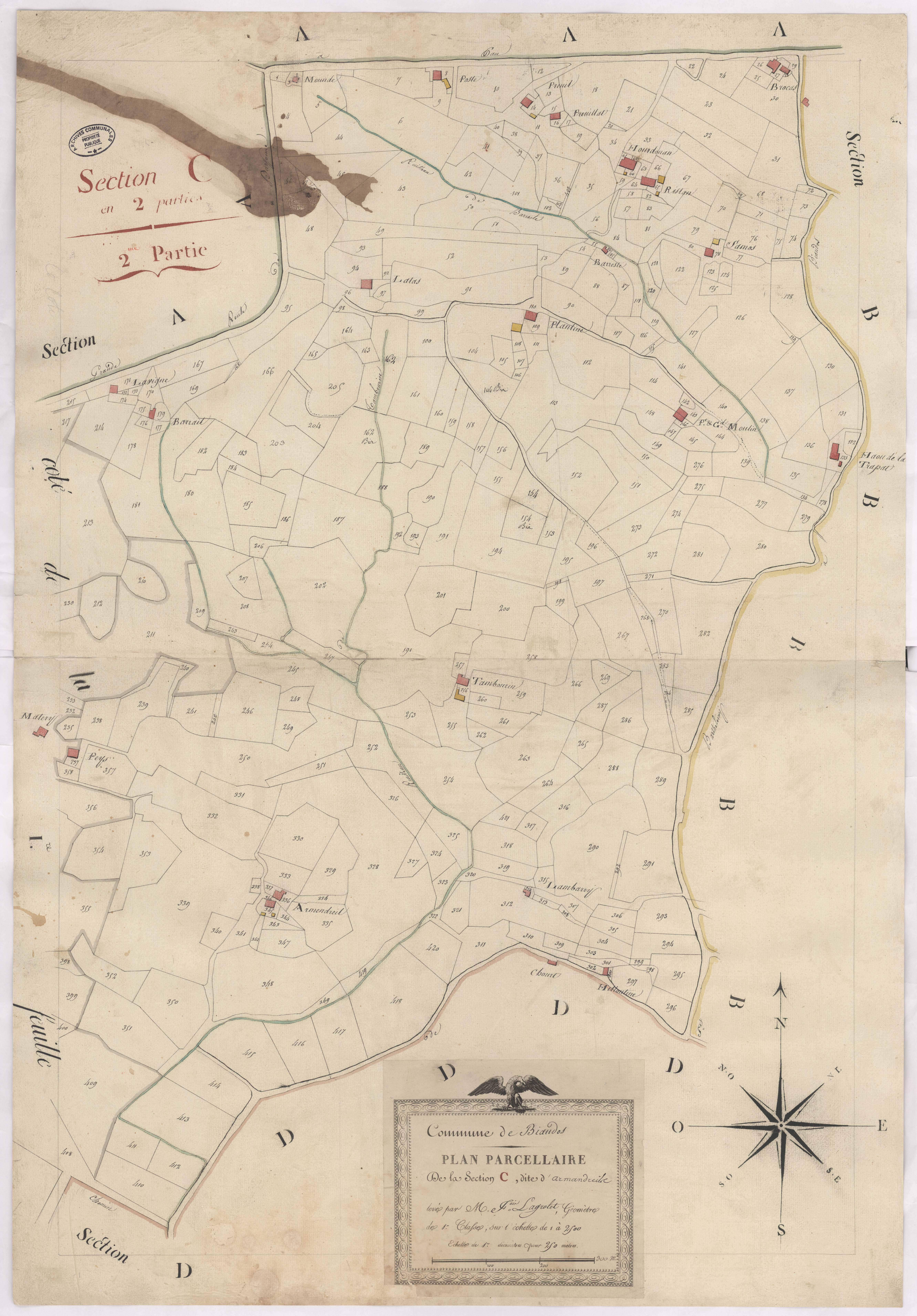 Biaudos - Plan parcellaire de la section C, dite d'Armendreil, par Lagrolet géomètre