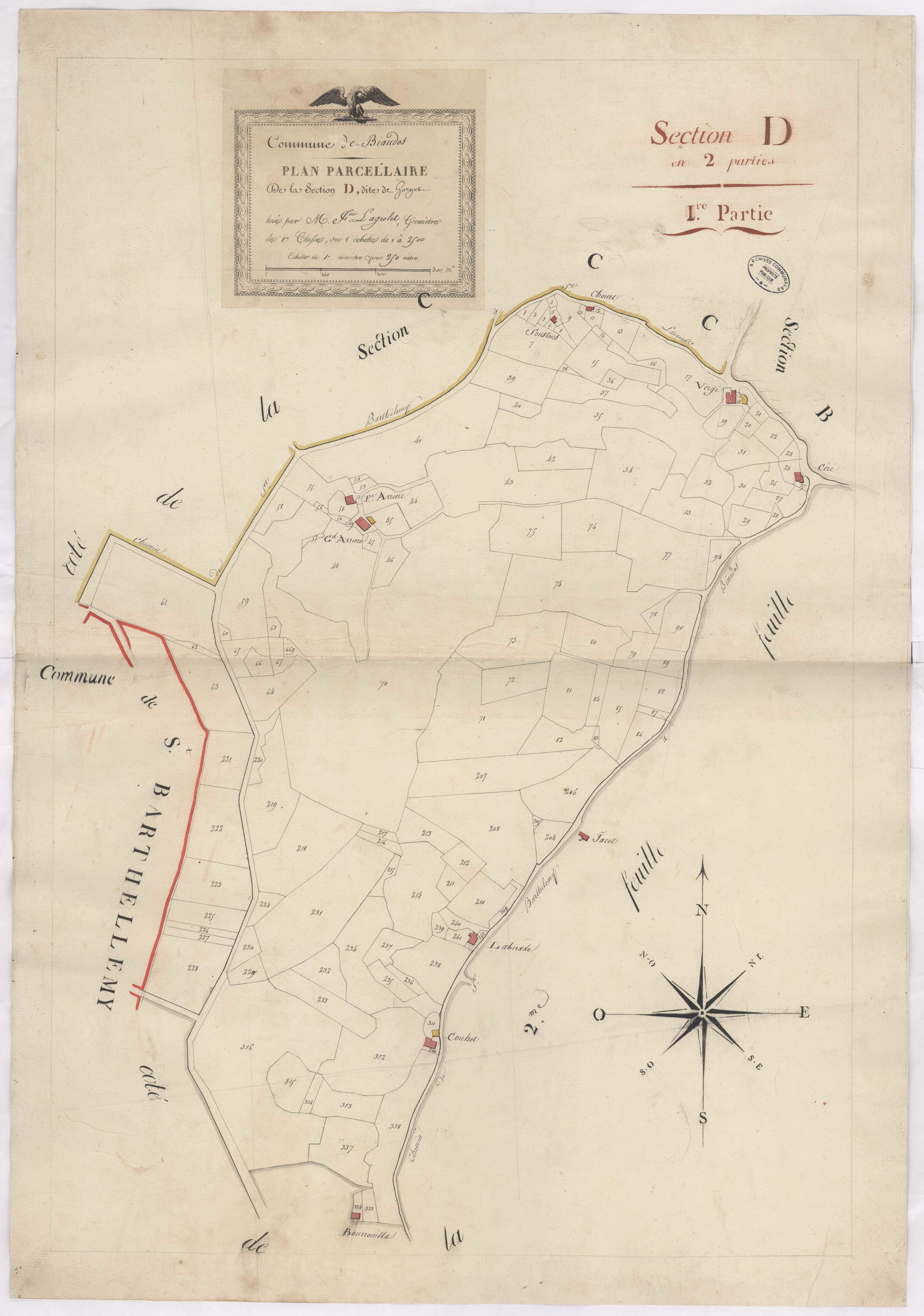 Biaudos - Plan parcellaire de la section D, dite de Gurgue, 1re partie, par Lagrolet géomètre