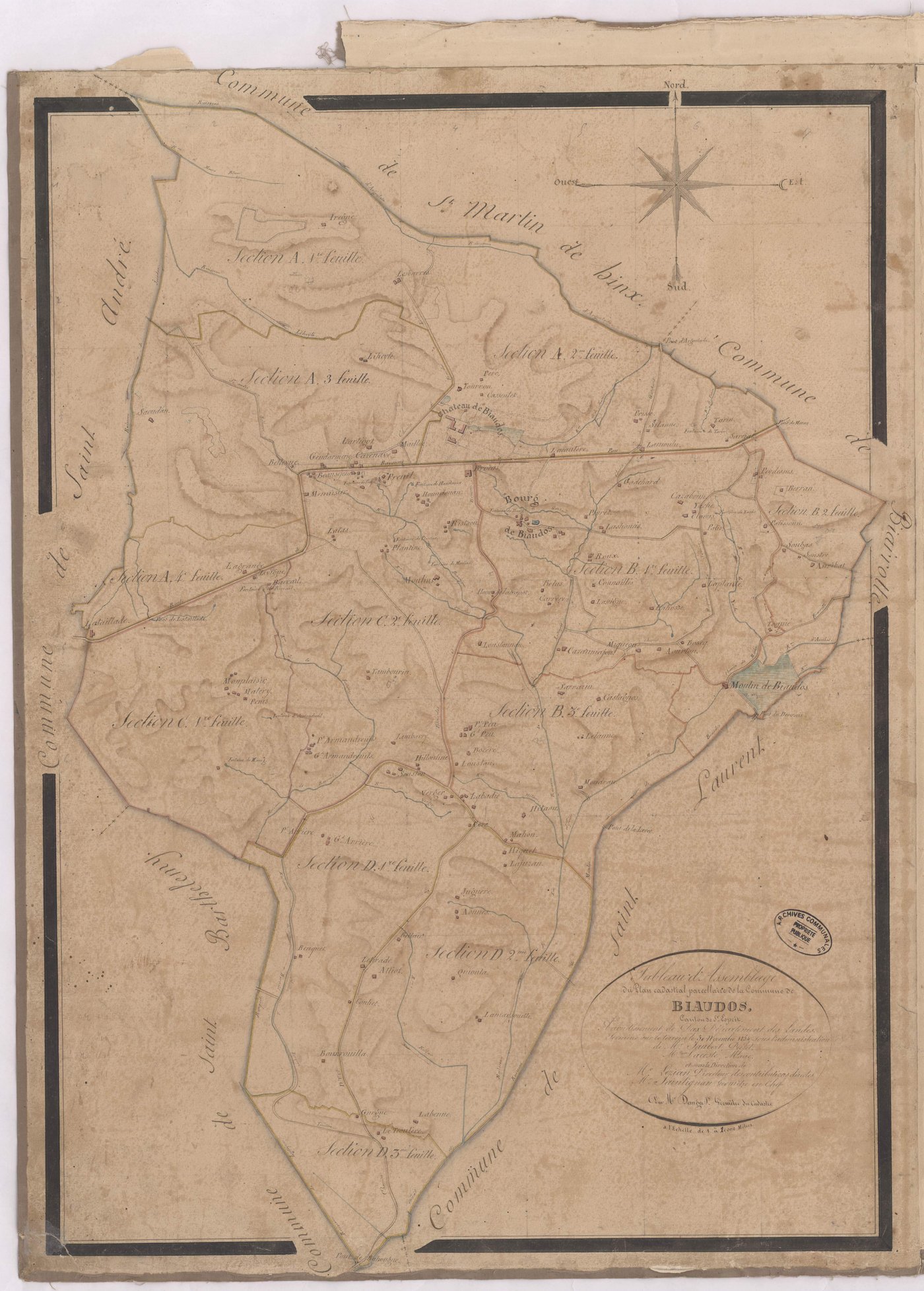Biaudos - Tableau d'assemblage de la commune de Biaudos, canton de Saint-Esprit, par Saintignan et Dauga géomètres