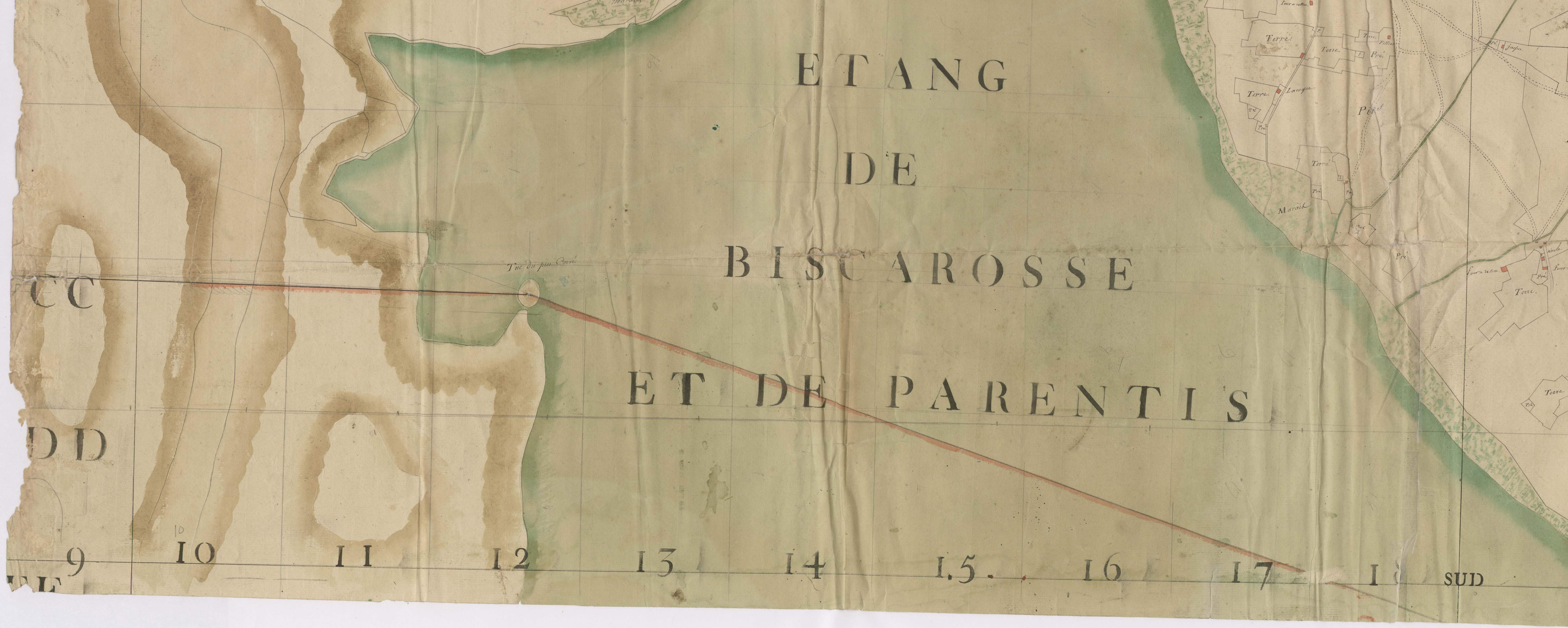 Biscarrosse - [Plan géométrique de l'Etang de Cazaux et alentours, par Lobgeois et F. Sarrazain, ingénieur et géomètre]