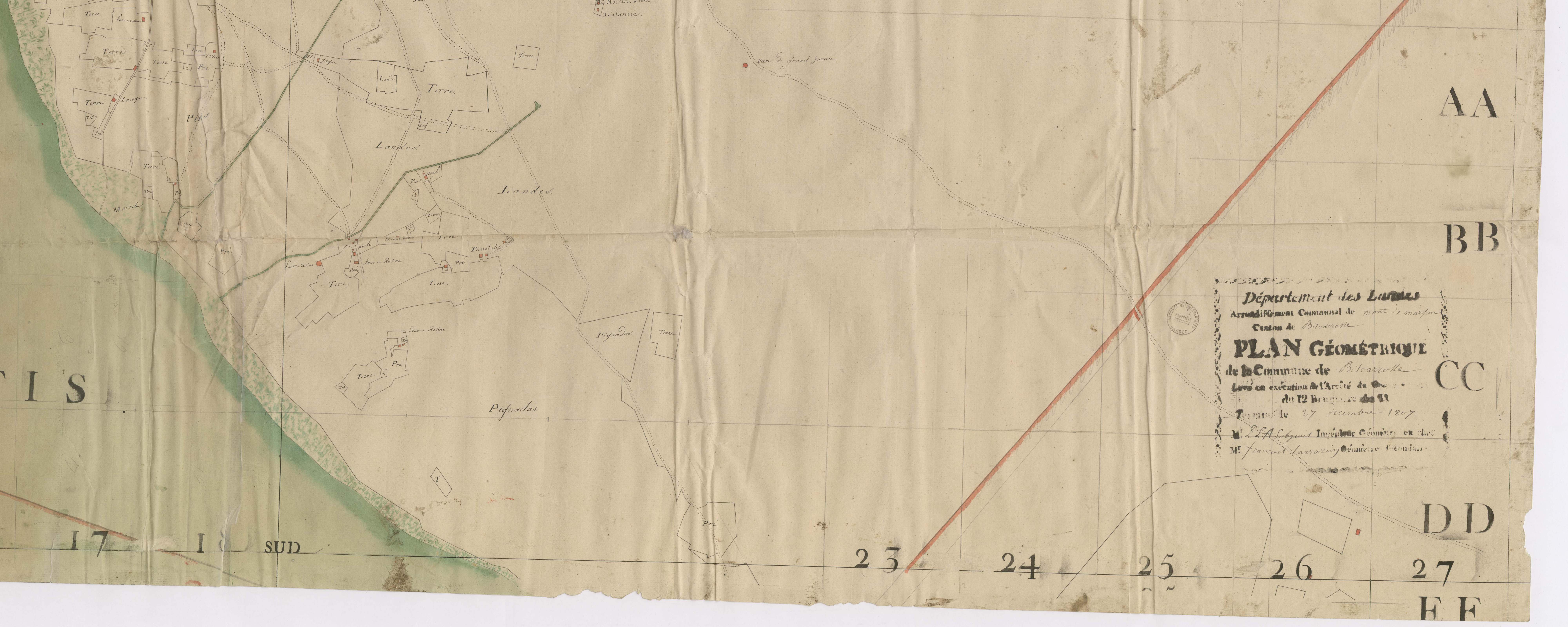 Biscarrosse - [Plan géométrique de l'Etang de Cazaux et alentours, par Lobgeois et F. Sarrazain, ingénieur et géomètre]