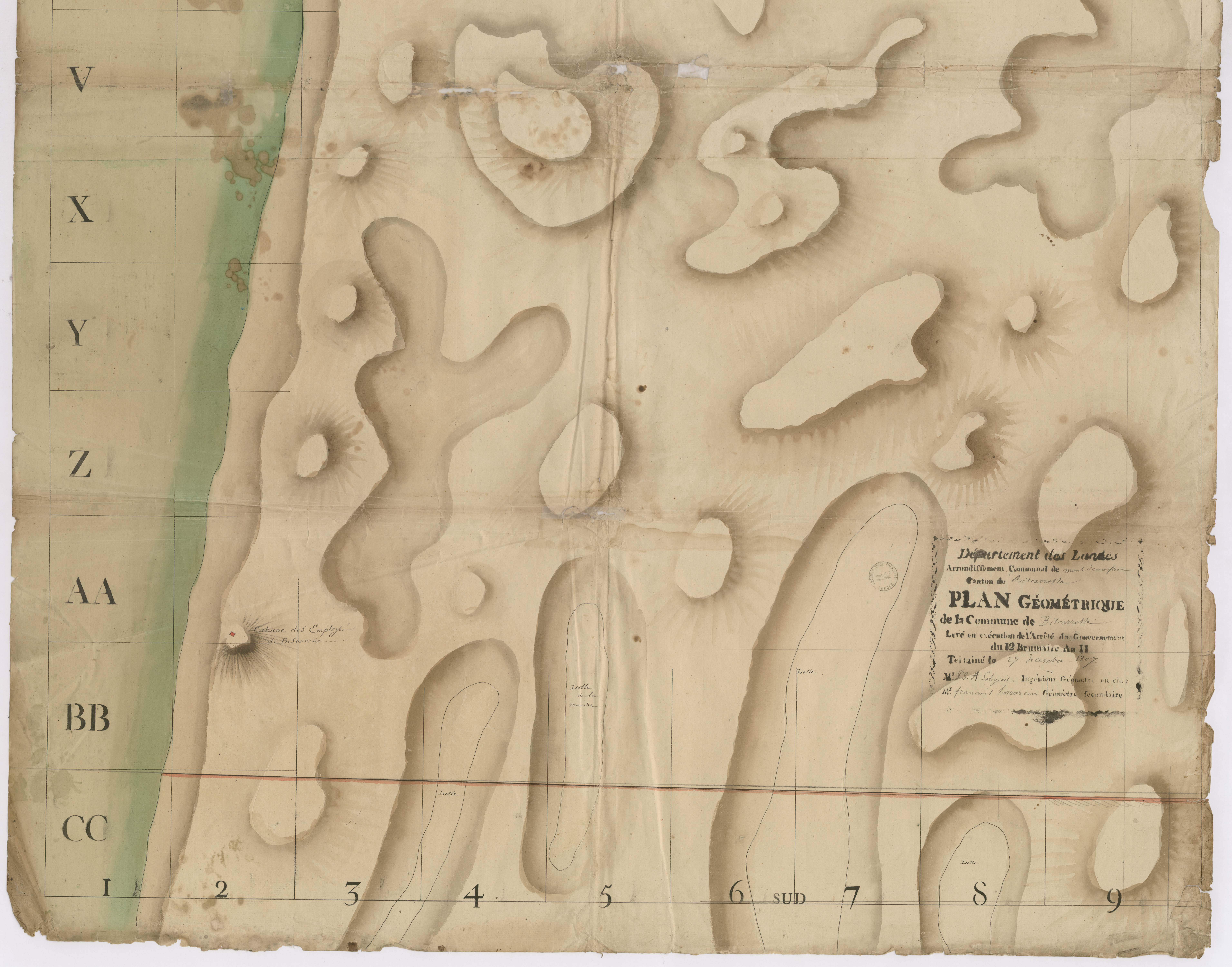 Biscarrosse - [Plan géométrique des Dunes de sable, par Lobgeois et F. Sarrazain, ingénieur et géomètre]
