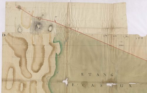 Biscarrosse - [Plan géométrique de l'Etang de Cazaux et alentours, par Lobgeois et F. Sarrazain, ingénieur et géomètre]