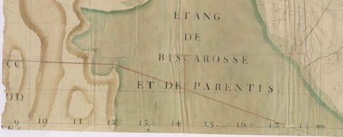 Biscarrosse - [Plan géométrique de l'Etang de Cazaux et alentours, par Lobgeois et F. Sarrazain, ingénieur et géomètre]