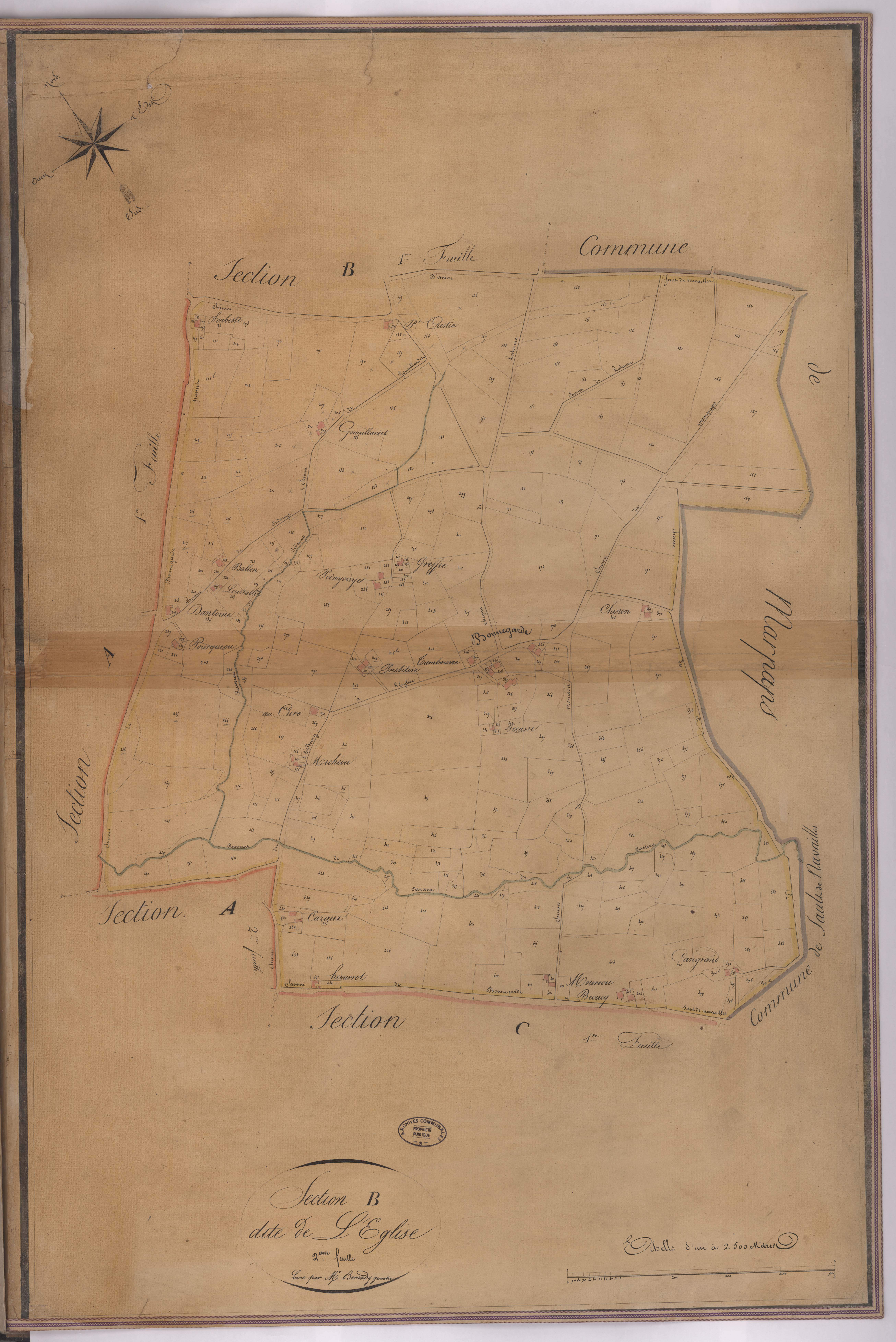 Bonnegarde - Section B, dite de l'Eglise, 2e feuille, par Bernady géomètre