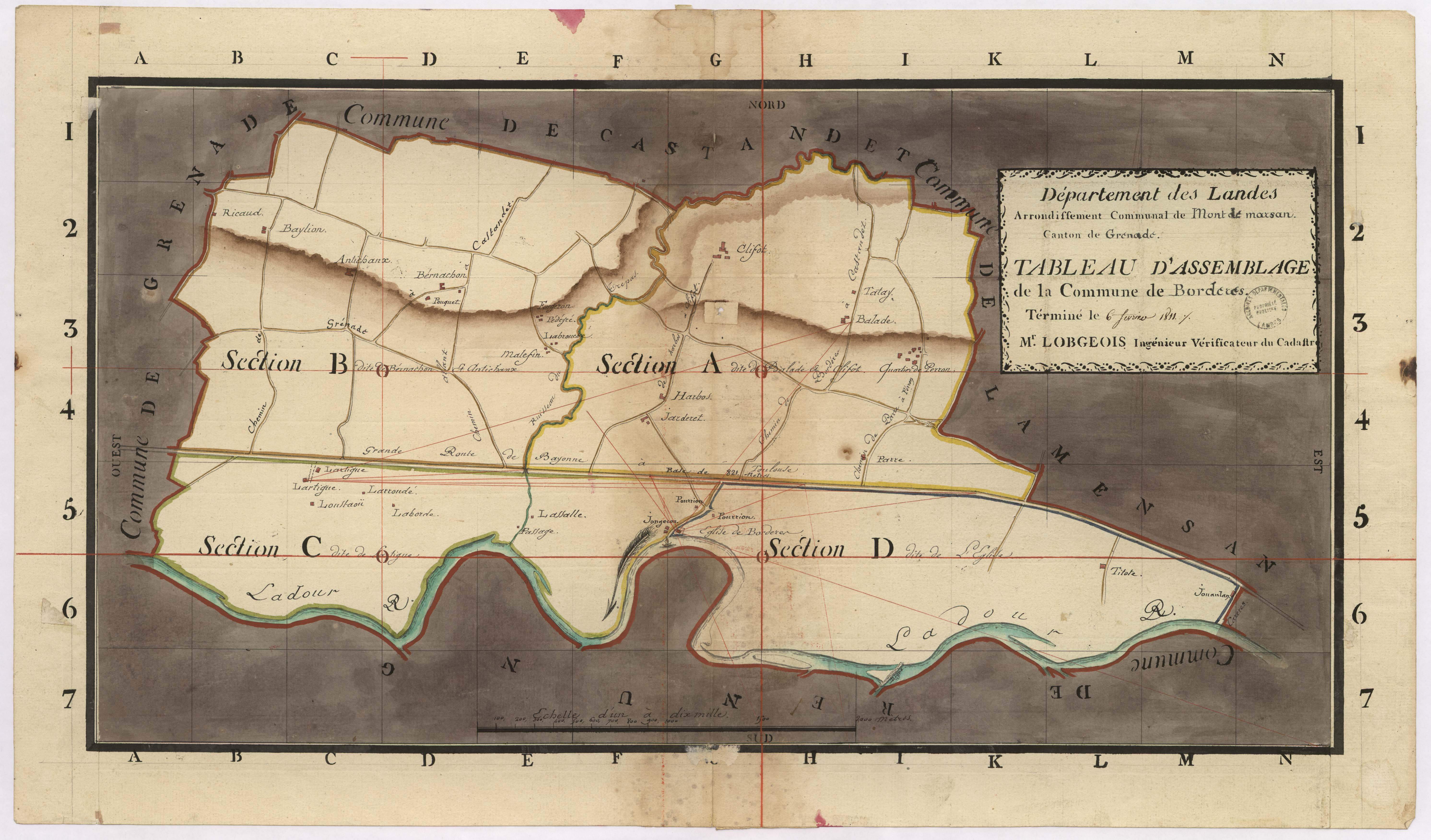Bordères-et-Lamensans - Tableau d'assemblage, par Lobgeois, ingénieur vérificateur du cadastre