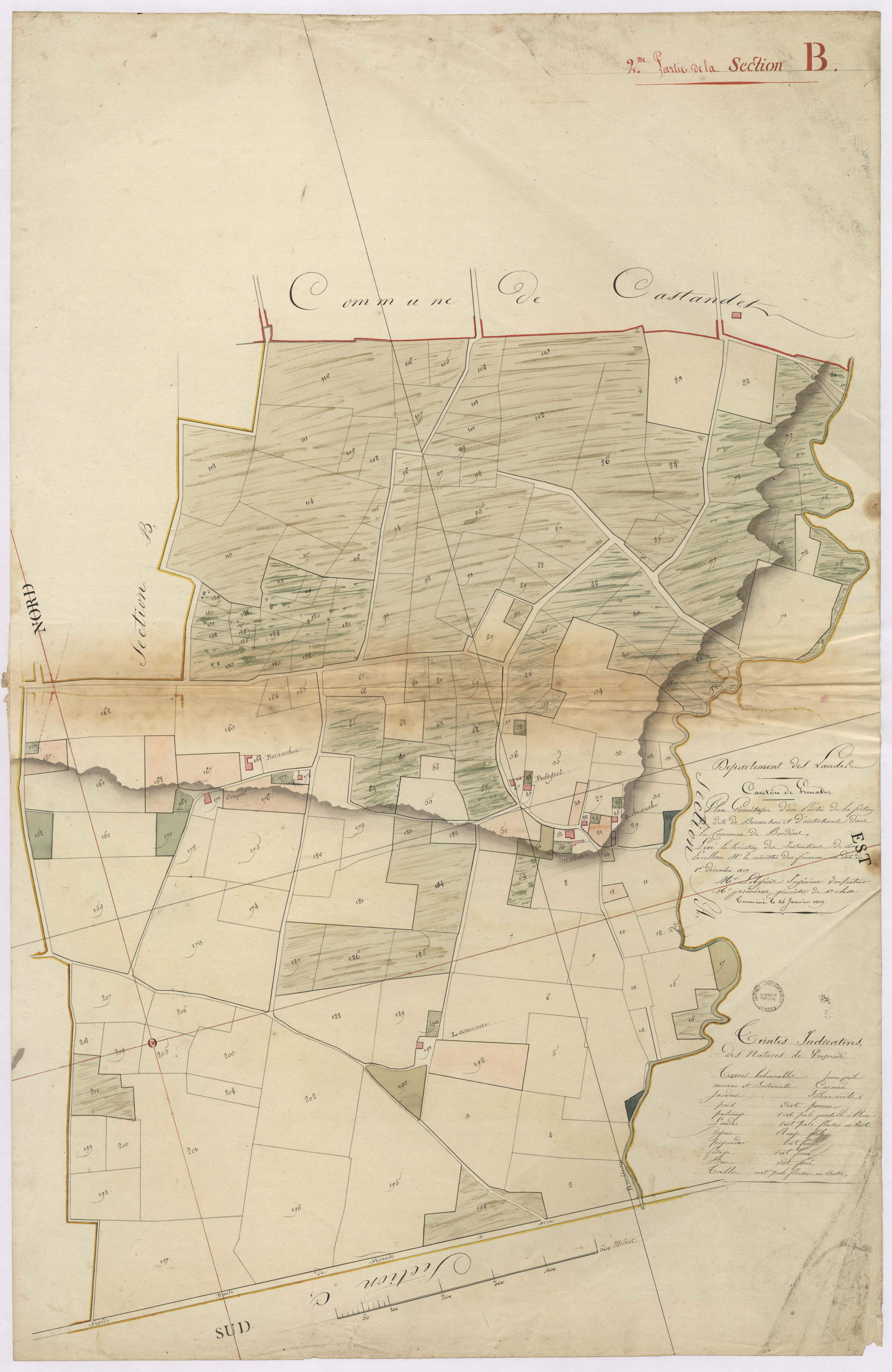 Bordères-et-Lamensans - Plan géométrique de la section B, dite de Bernachon et d'Antichanx, 2e partie, par Lobgeois et Préneron, géomètres