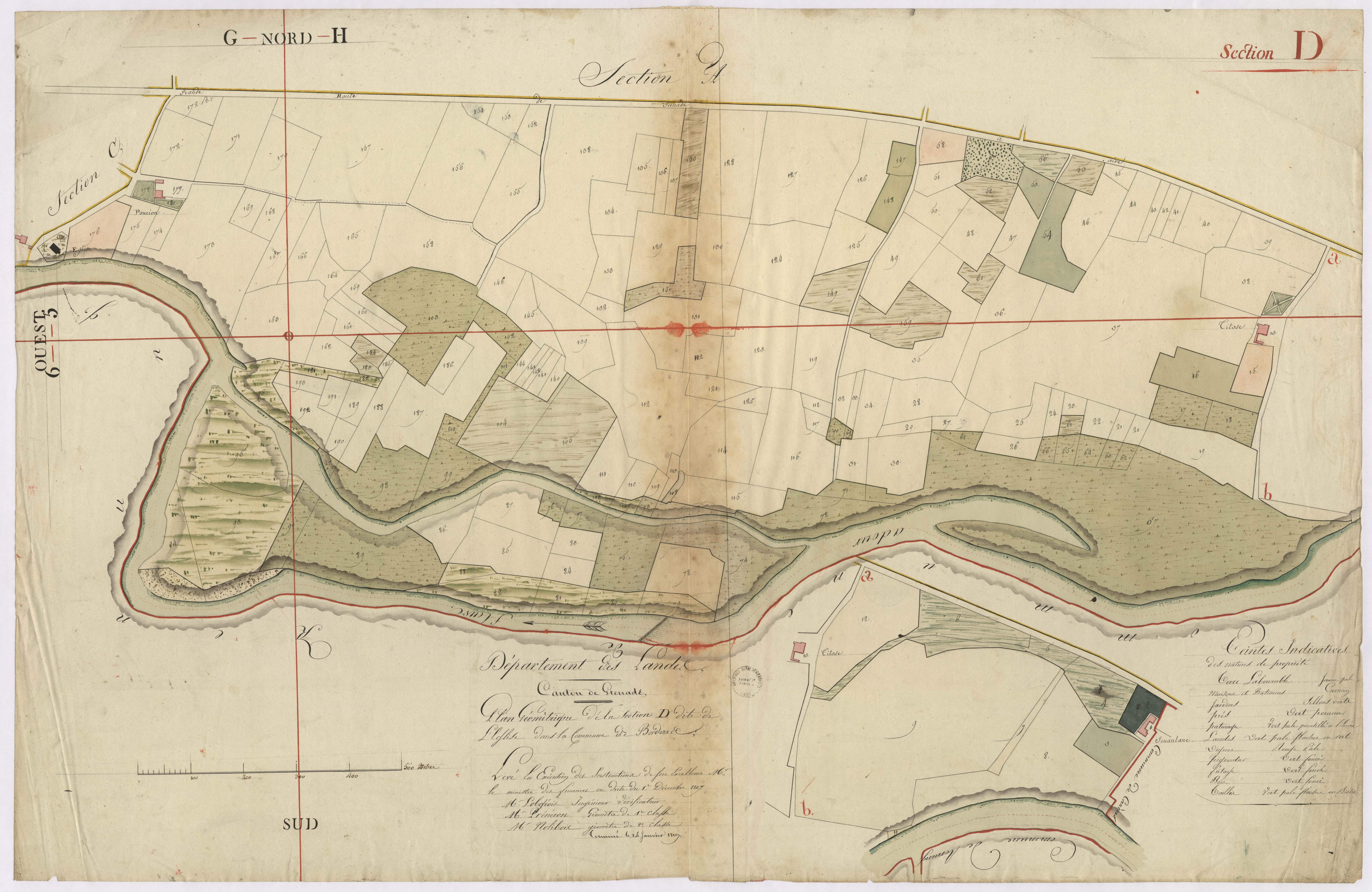 Bordères-et-Lamensans - Plan géométrique de la section D, dite de l'Eglise, par Lobgeois, Préneron, et Nolibois, géomètres