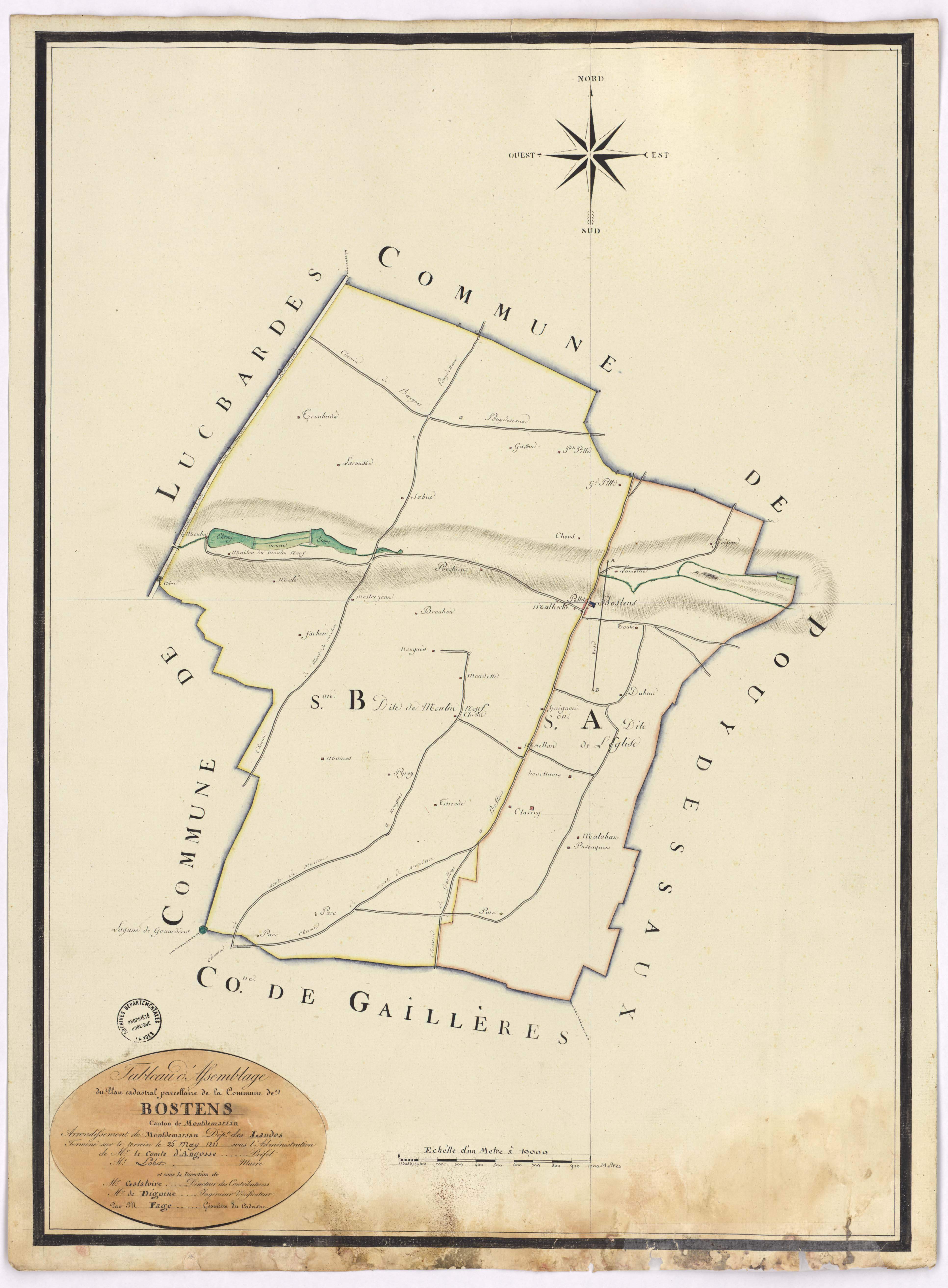 Bostens - Tableau d'assemblage de la commune de Bostens, par de Digoine et Fagé, géomètres