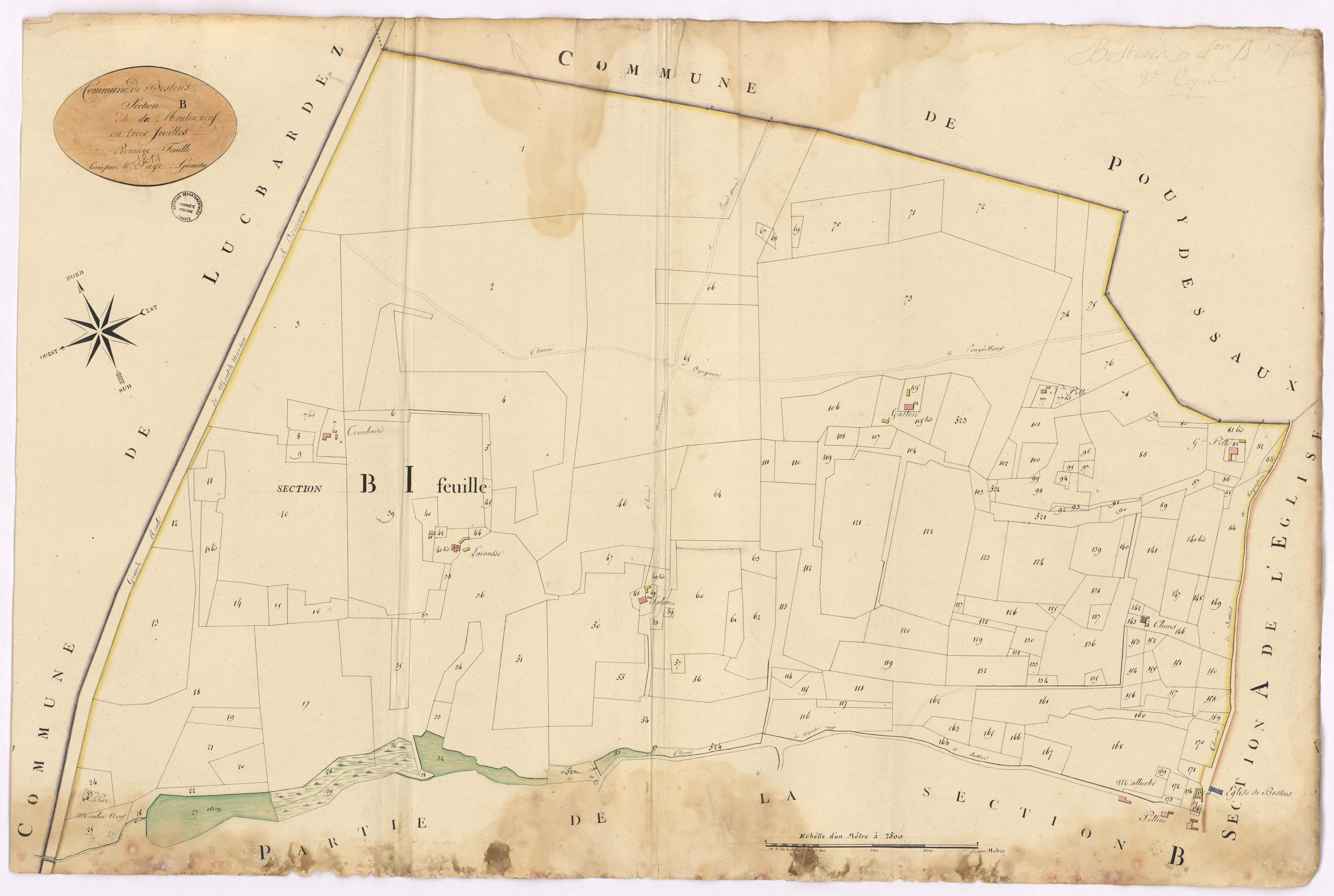 Bostens - Section B, dite du Moulin neuf, 1re feuille, par Fagé géomètre