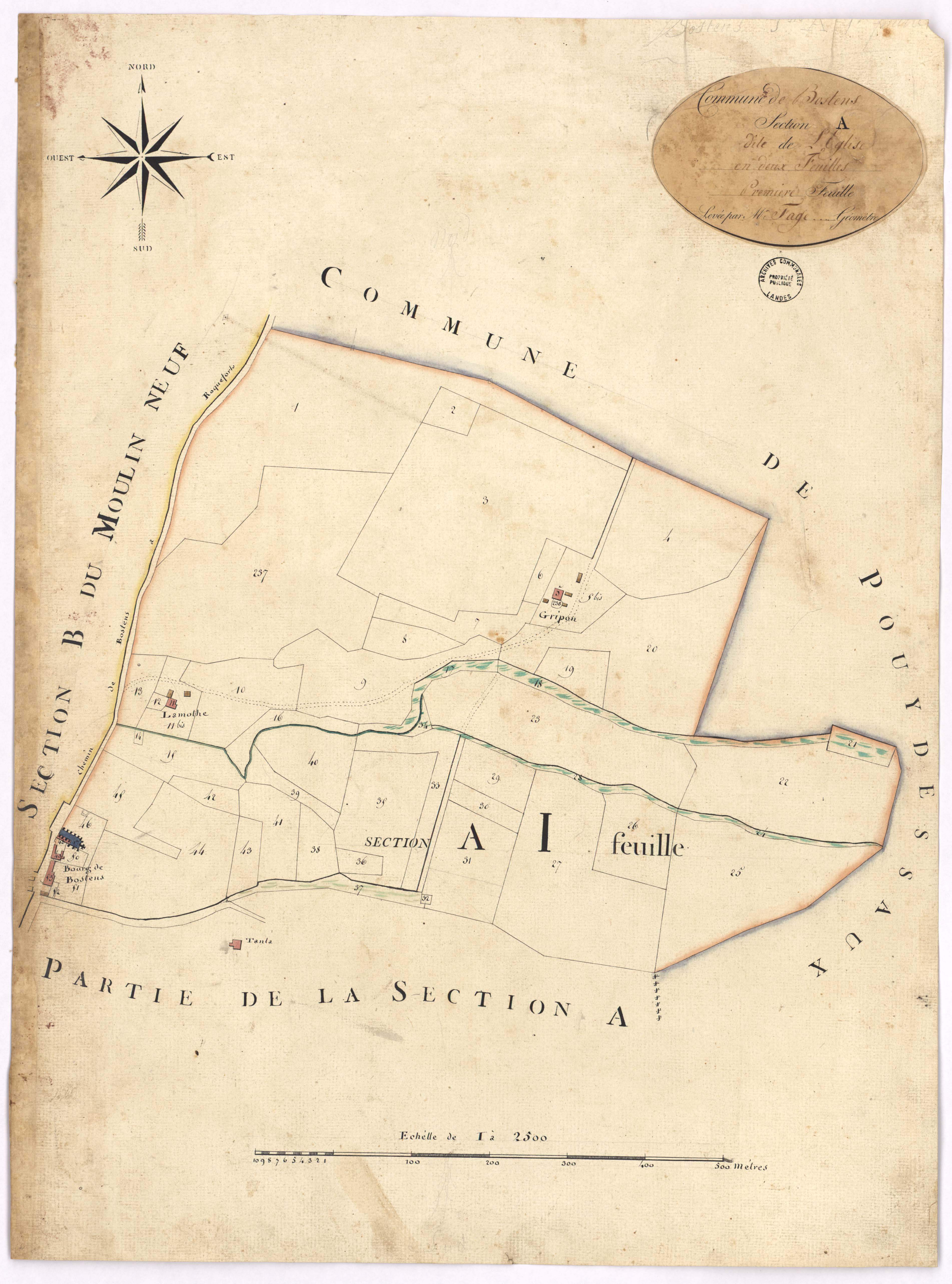 Bostens - Section A, dite de l'Eglise, 1re feuille, par Fagé géomètre