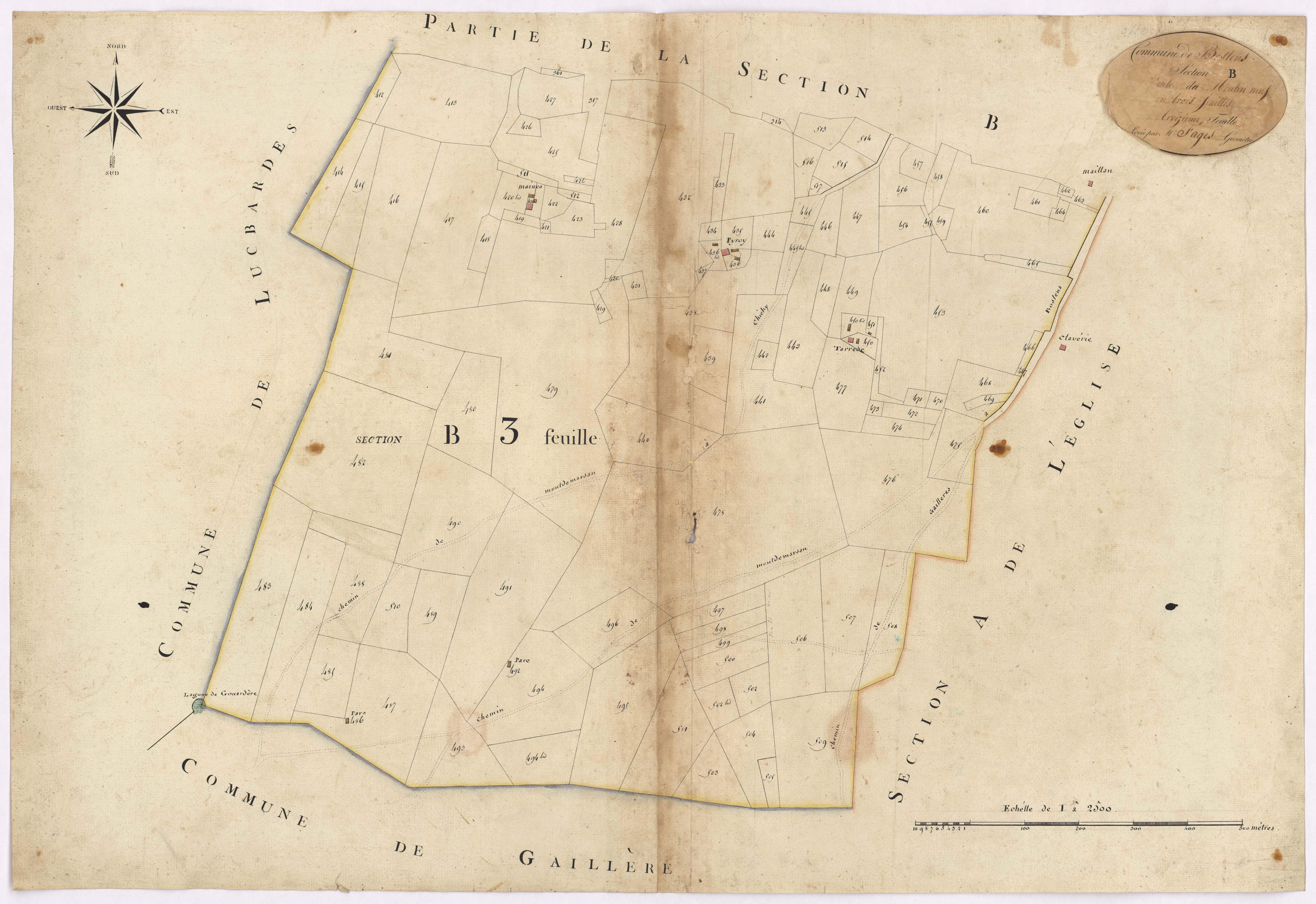 Bostens - Section B, dite du Moulin neuf, 3e feuille, par Fagé géomètre