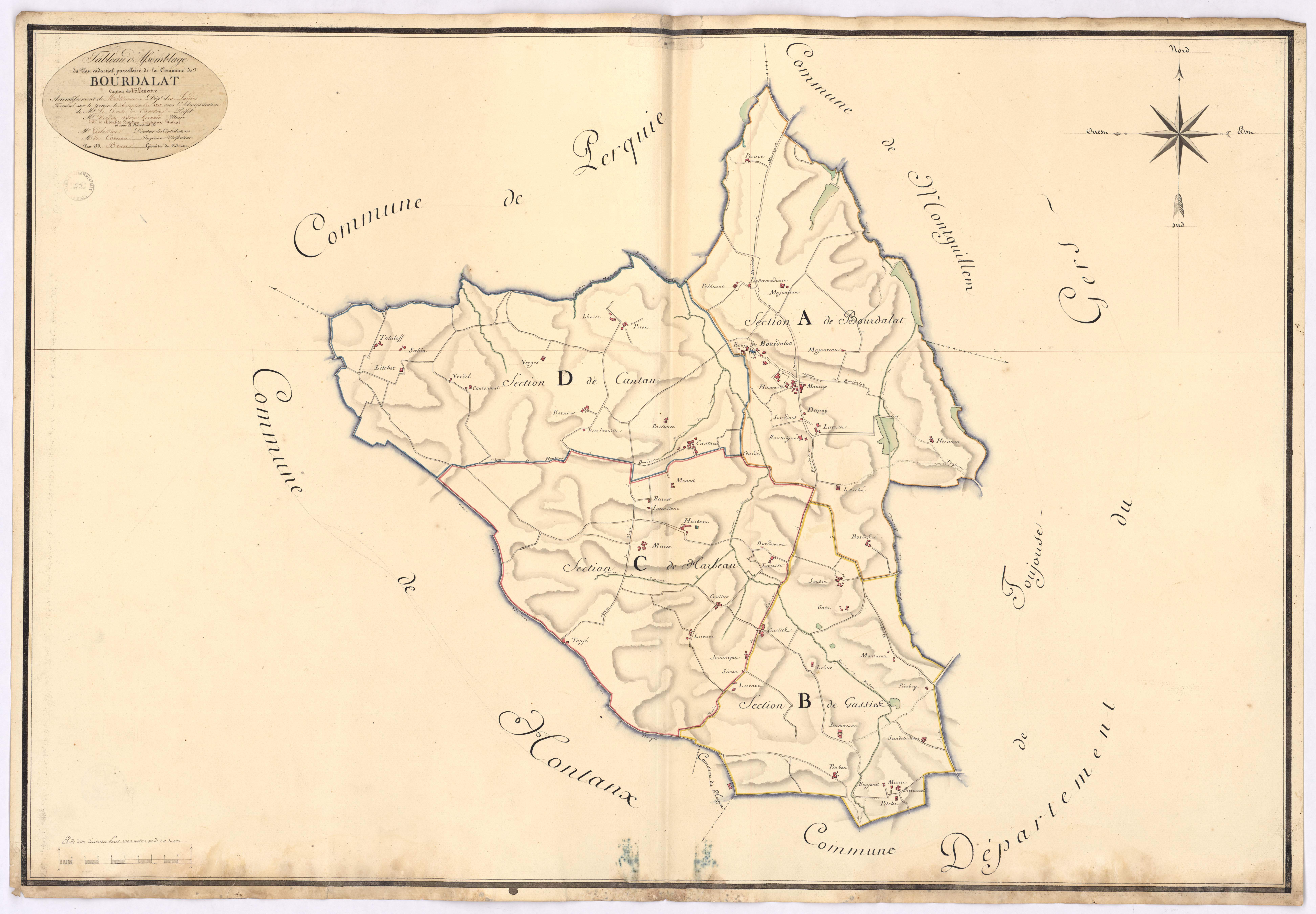 Bourdalat - Tableau d'assemblage de la commune de Bourdalat, par de Comeau et Brun, géomètres