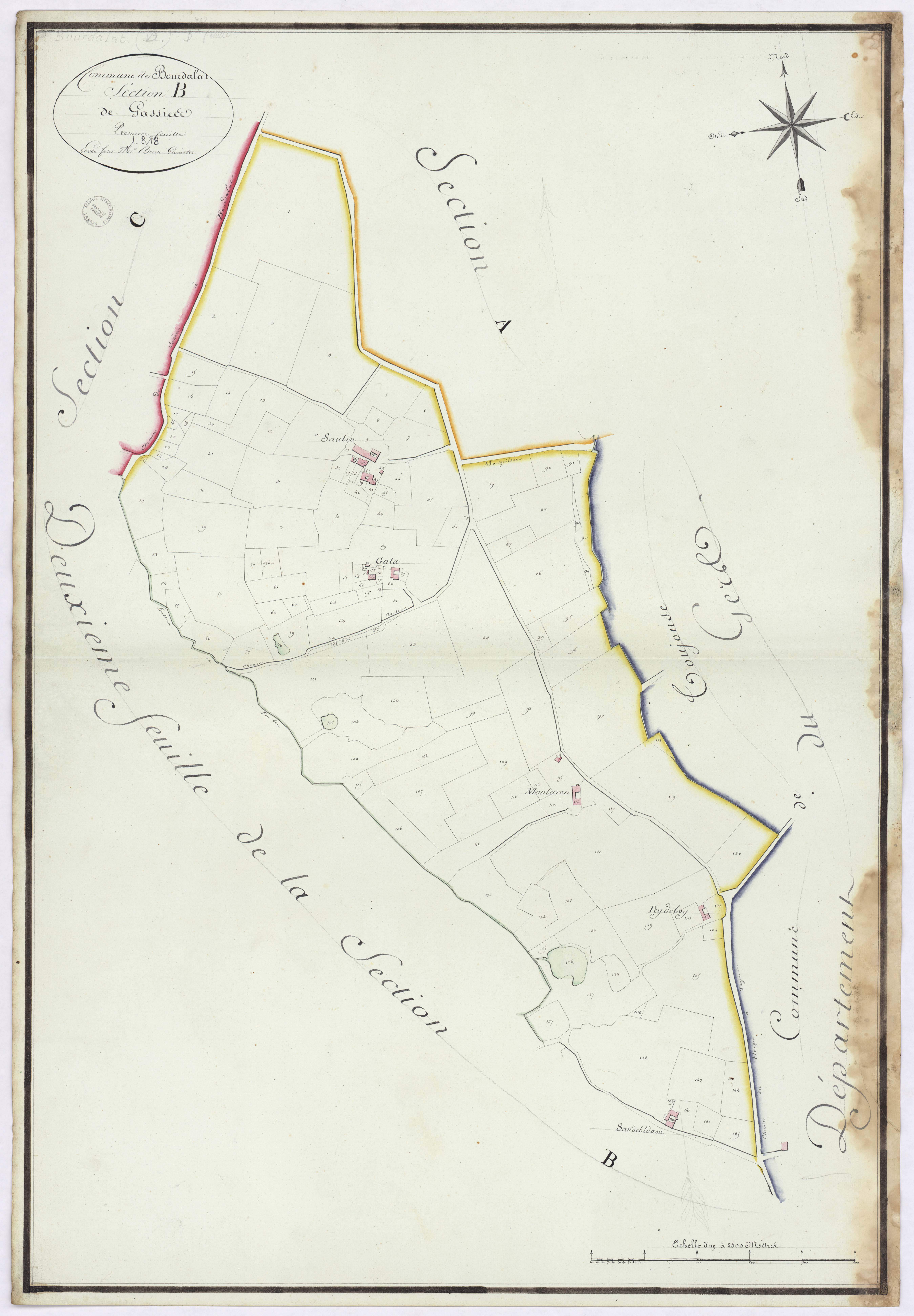 Bourdalat - Section B, dite de Gassies, 1re feuille, par Brun géomètre
