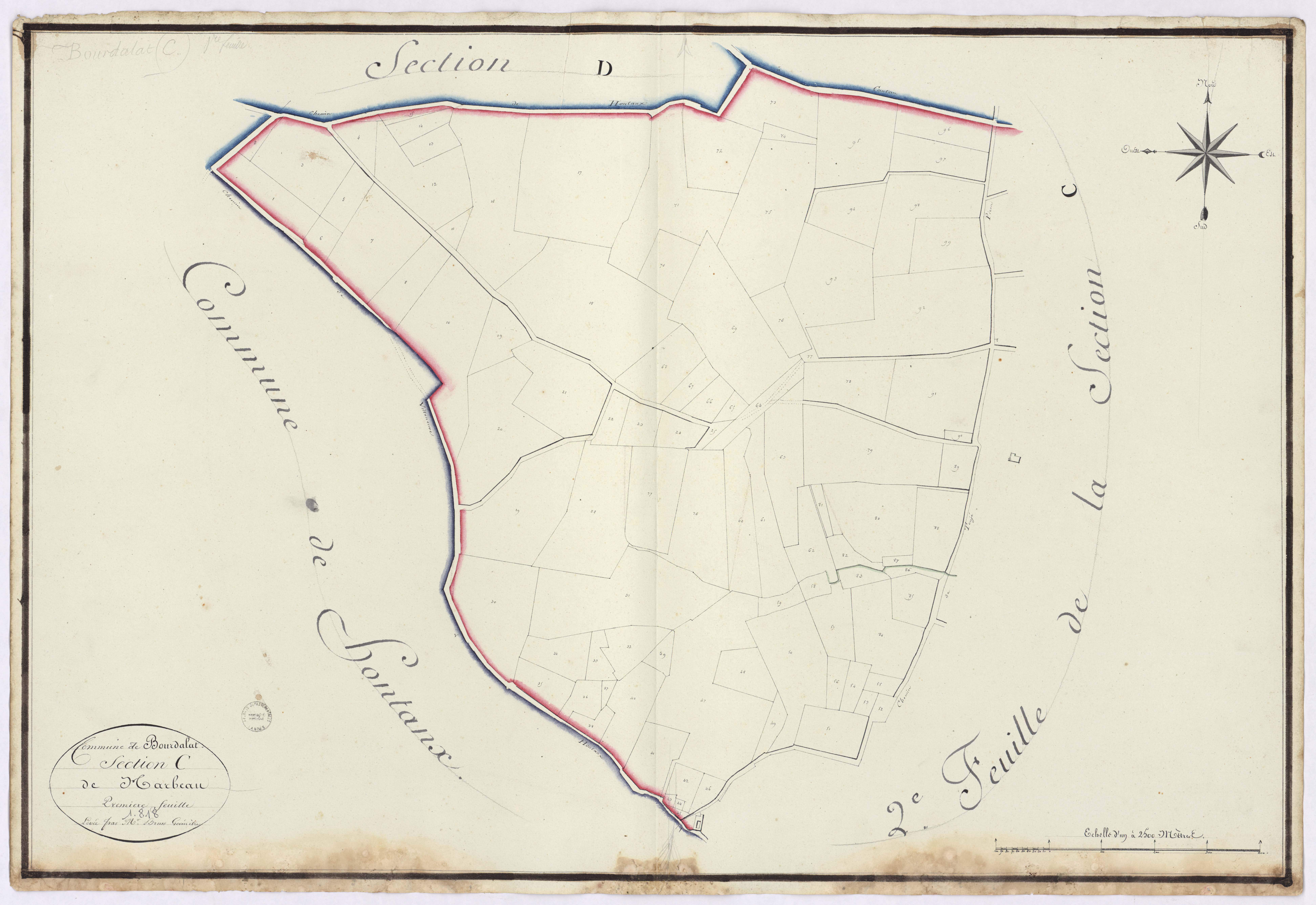 Bourdalat - Section C, dite de Harbeau, 1re feuille, par Brun géomètre