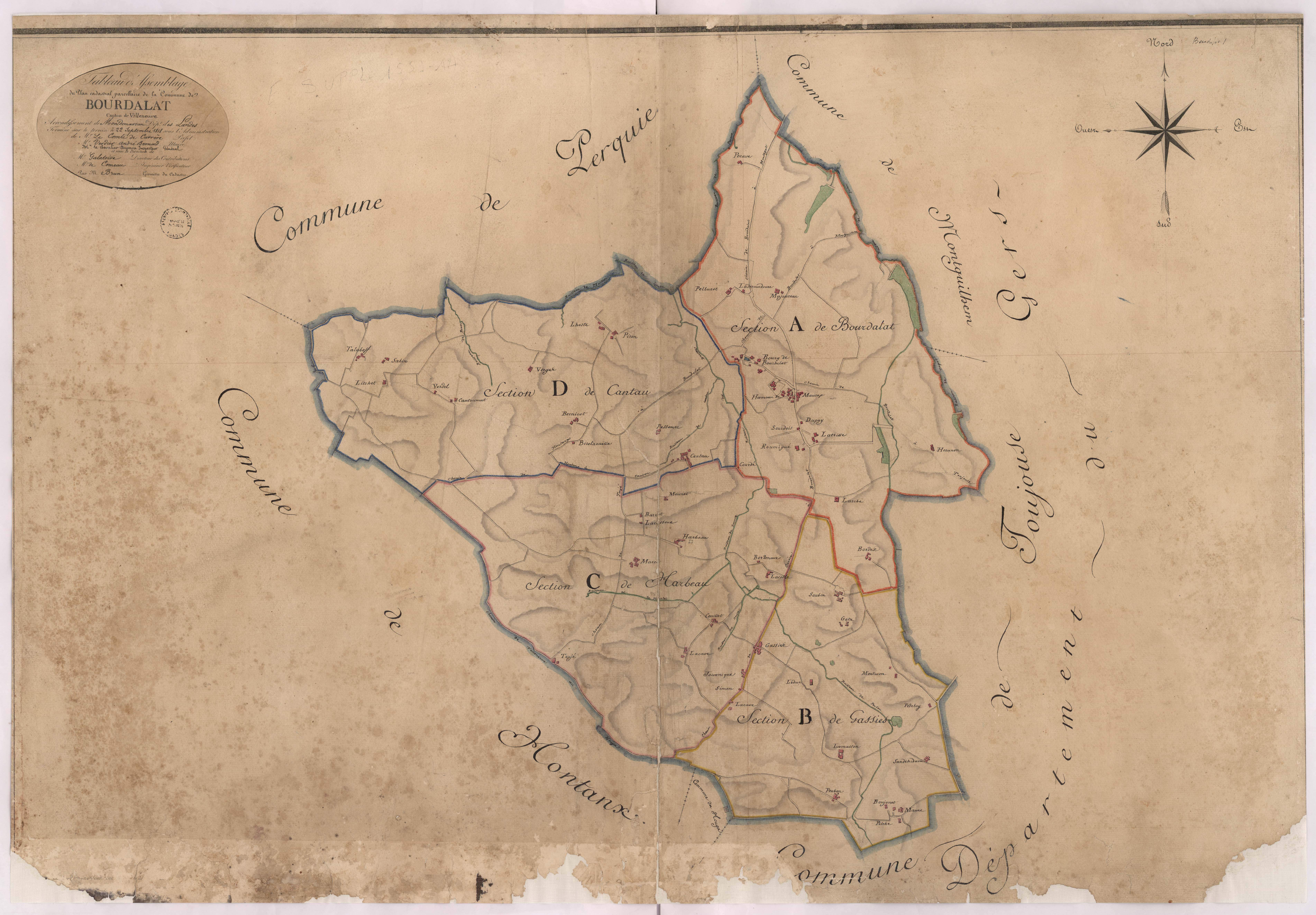 Bourdalat - Tableau d'assemblage de la commune de Bourdalat, par de Comeau et Brun, géomètres