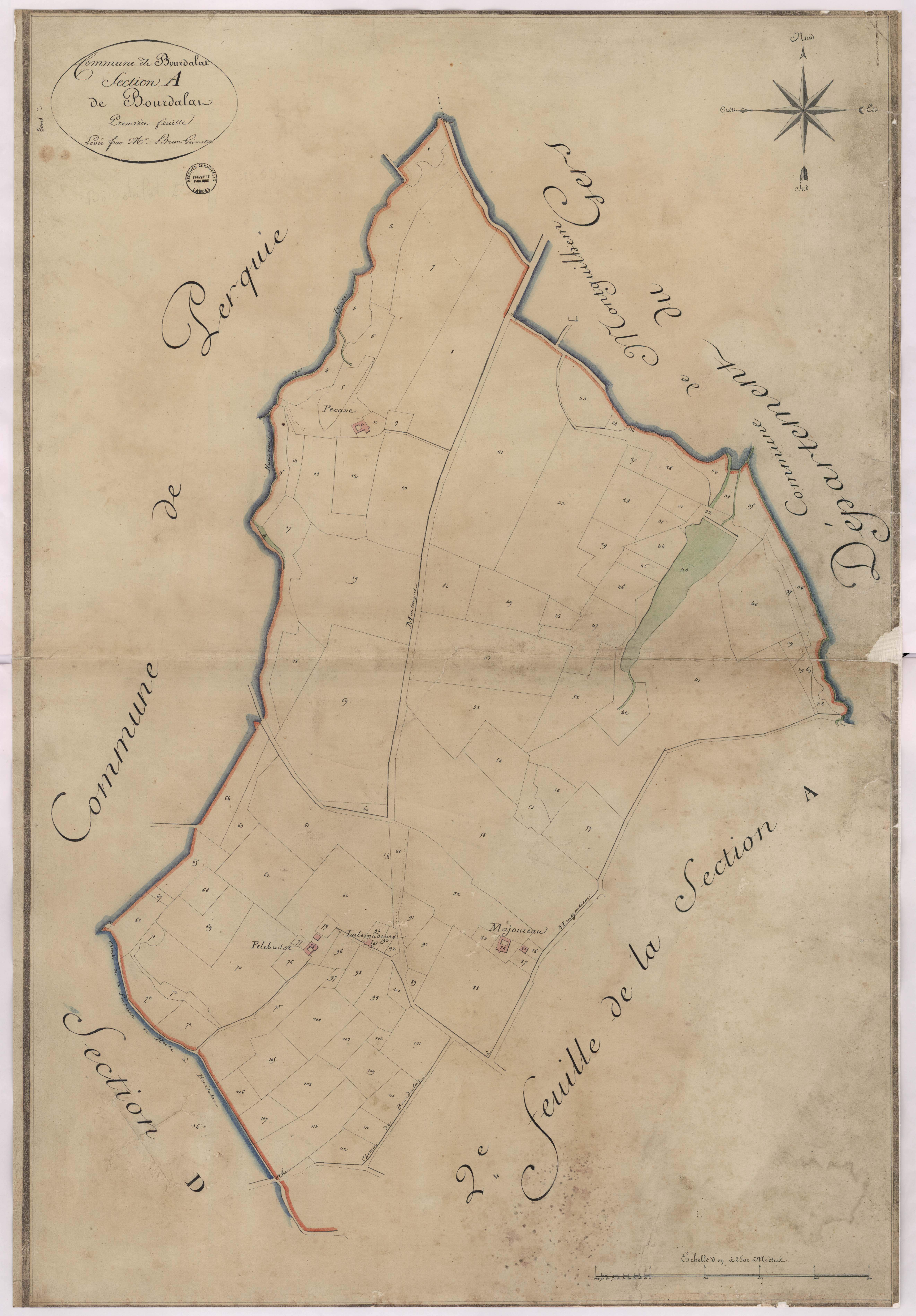Bourdalat - Section A, dite de Bourdalat, 1re feuille, par Brun géomètre