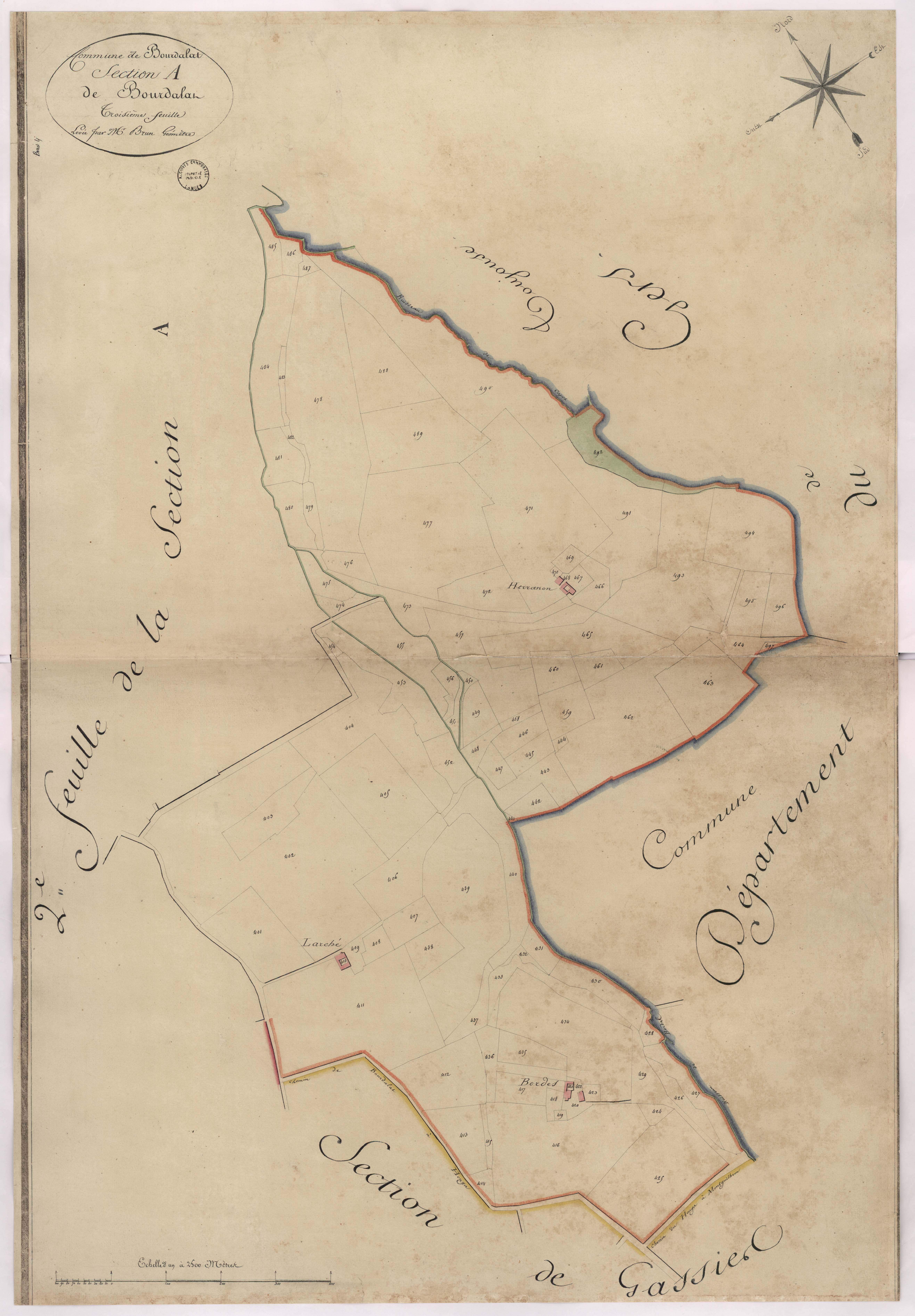 Bourdalat - Section A, dite de Bourdalat, 3e feuille, par Brun géomètre