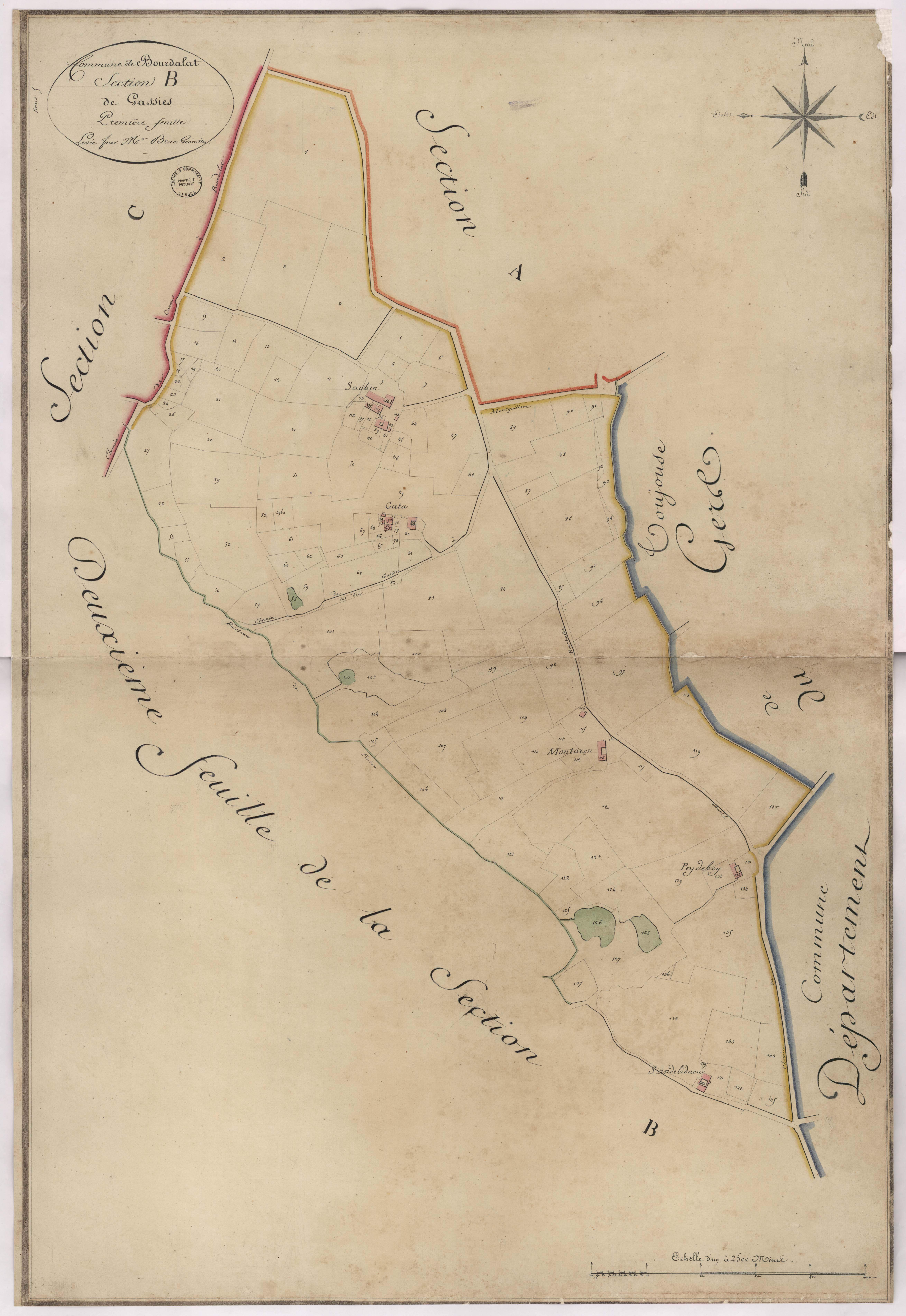 Bourdalat - Section B, dite de Gassies, 1re feuille, par Brun géomètre