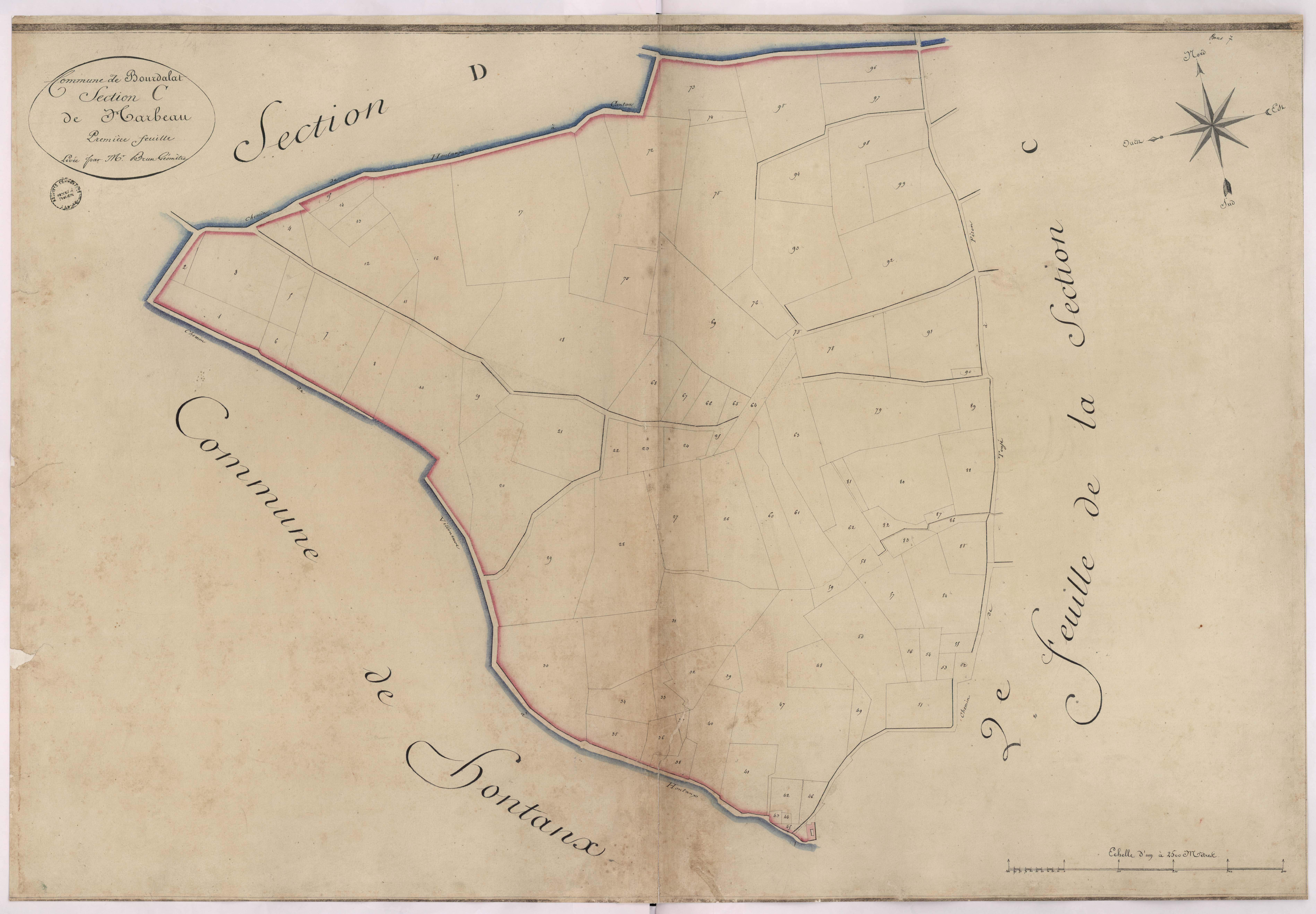 Bourdalat - Section C, dite de Harbeau, 1re feuille, par Brun géomètre