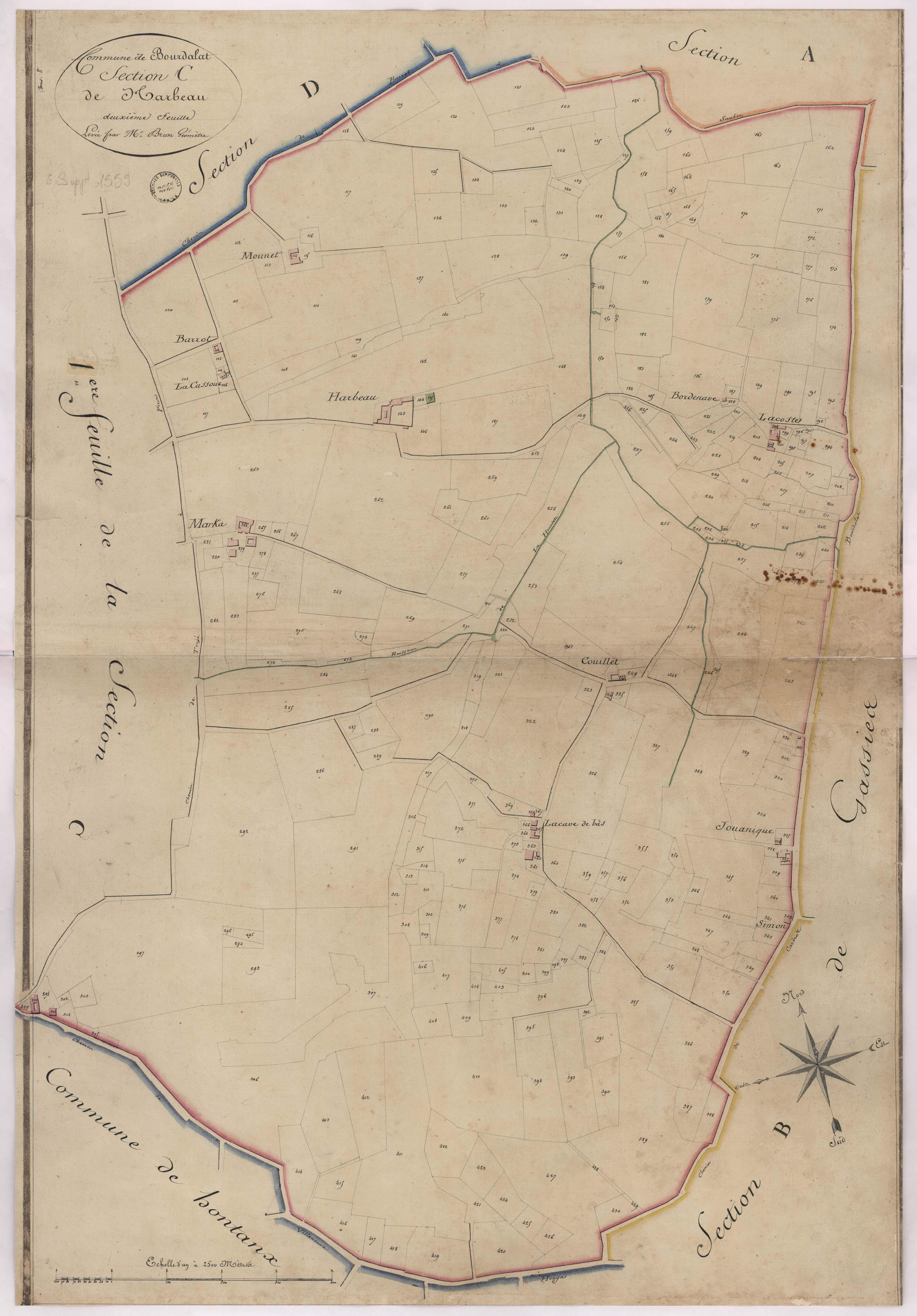 Bourdalat - Section C, dite de Harbeau, 2e feuille, par Brun géomètre
