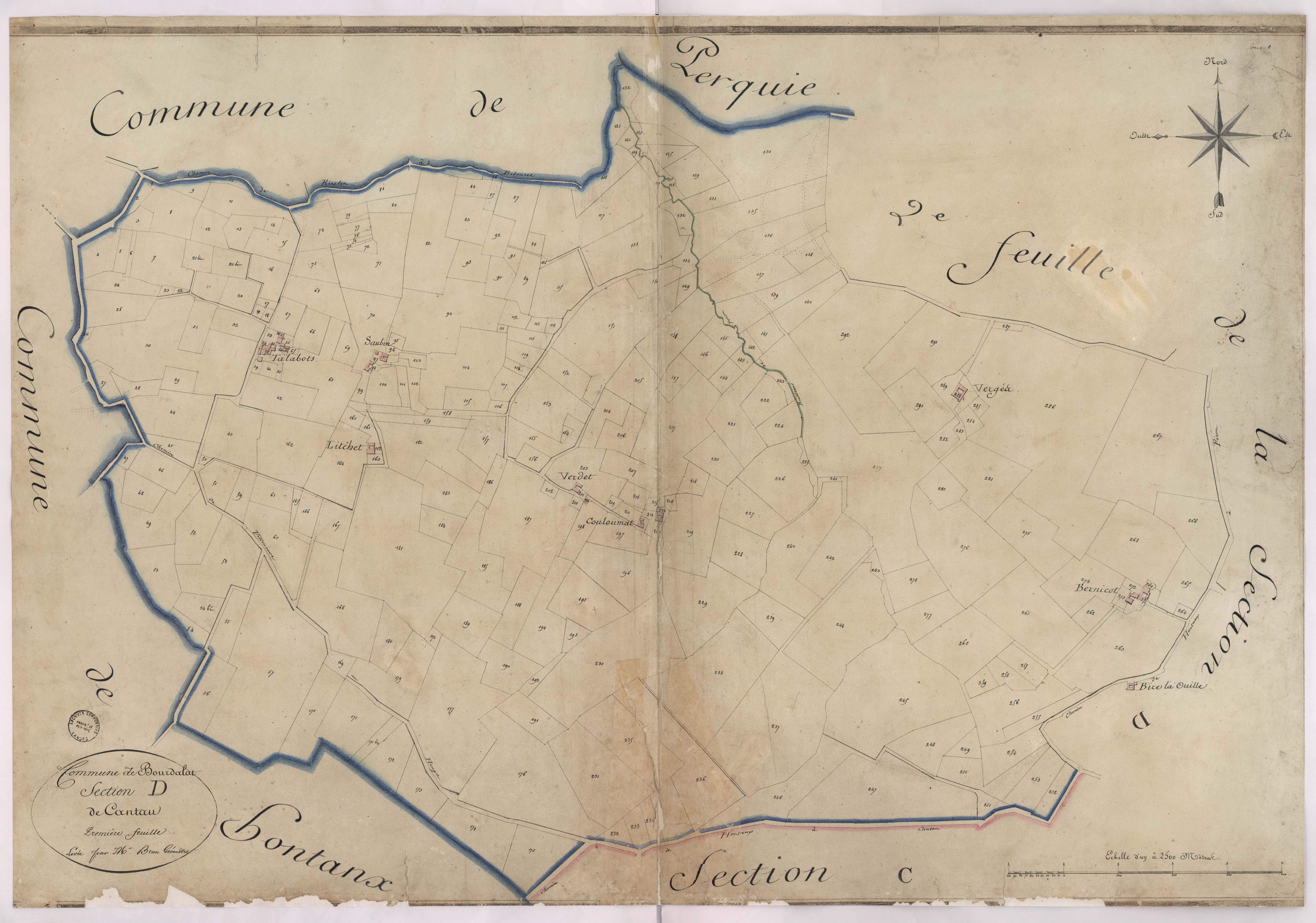 Bourdalat - Section D, dite de Cantau, 1re feuille, par Brun géomètre