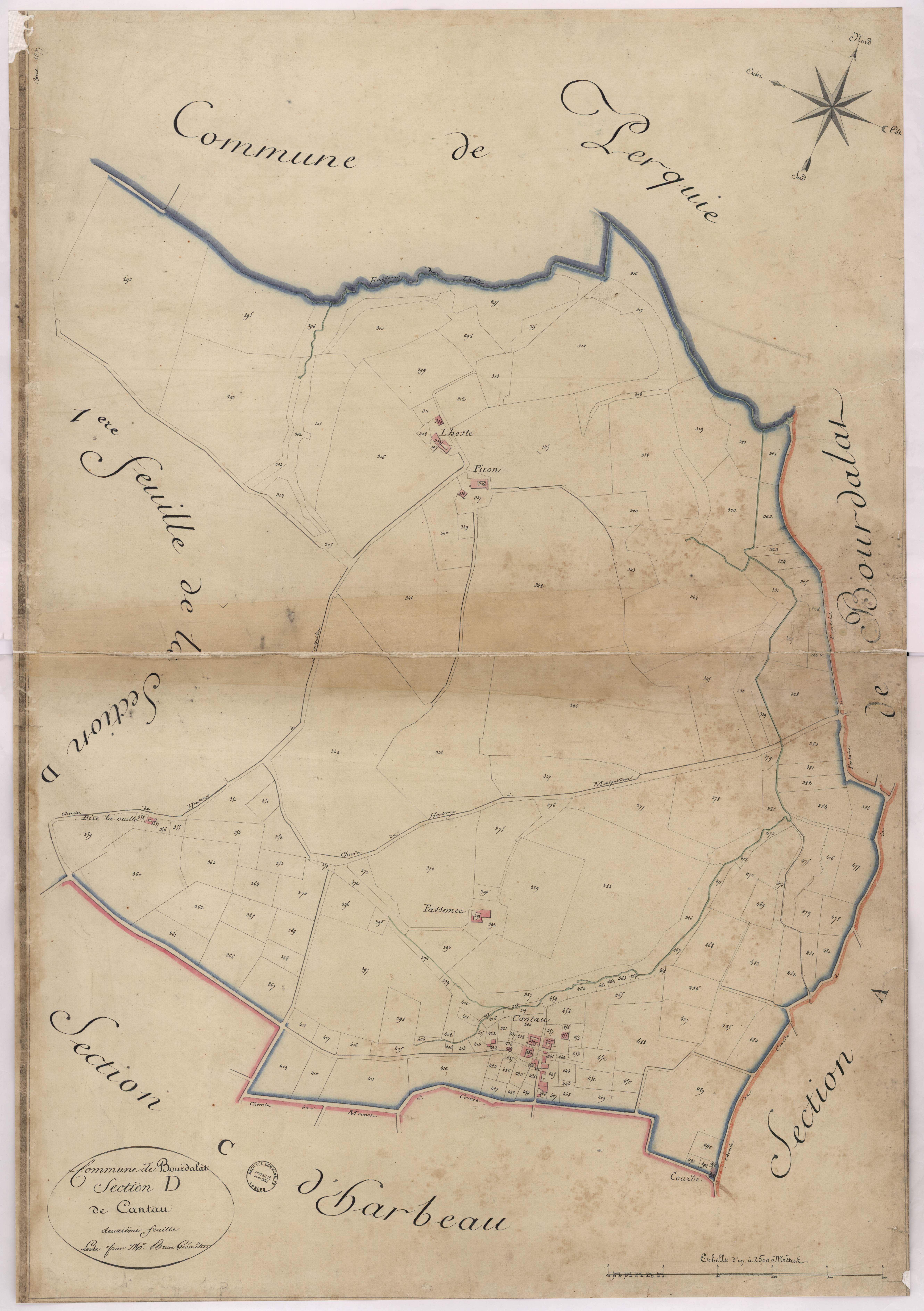 Bourdalat - Section D, dite de Cantau, 2e feuille, par Brun géomètre