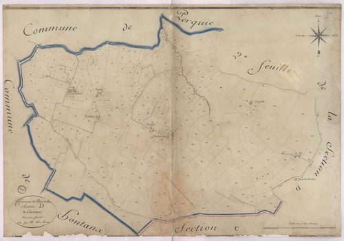 Bourdalat - Section D, dite de Cantau, 1re feuille, par Brun géomètre