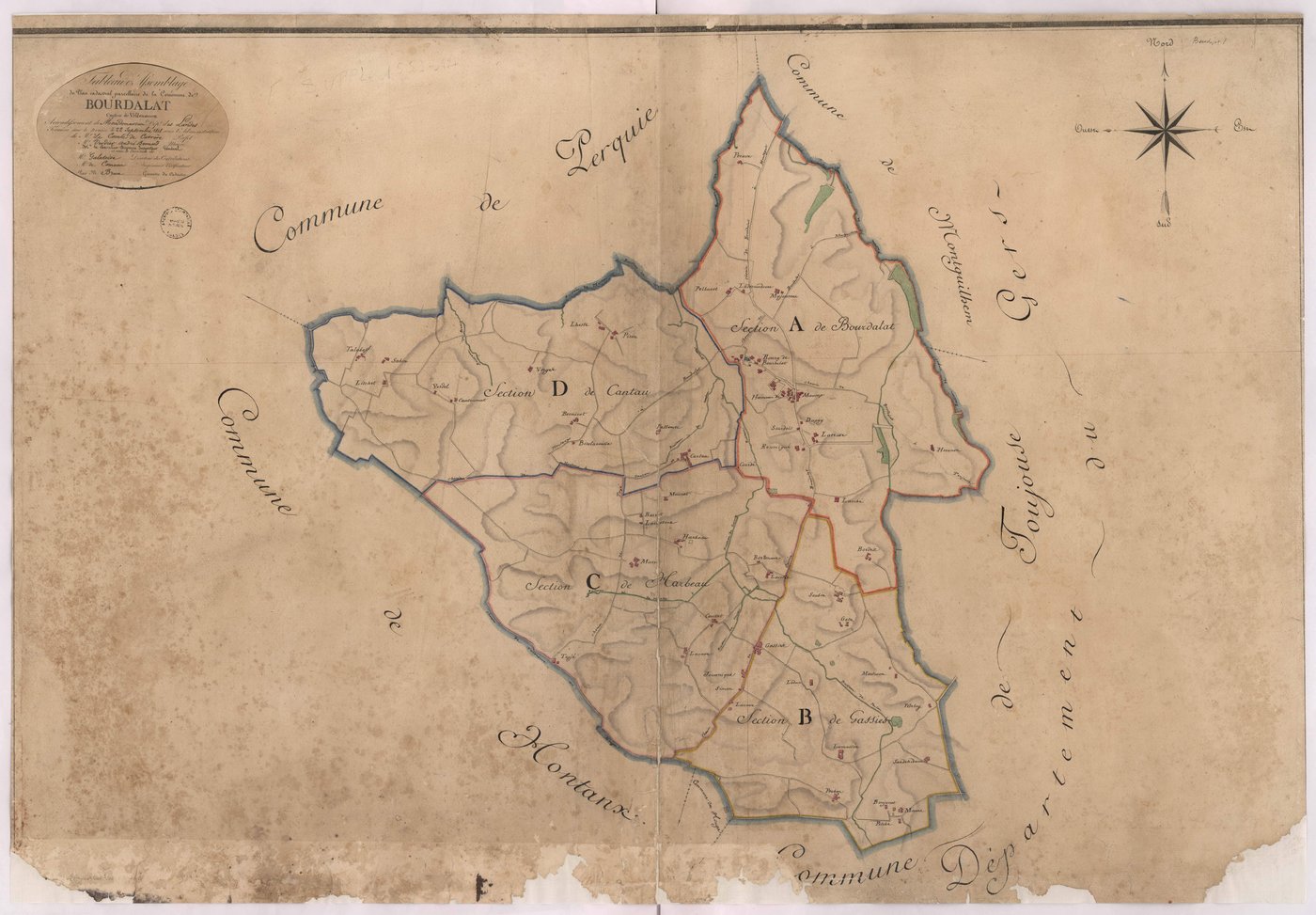 Bourdalat - Tableau d'assemblage de la commune de Bourdalat, par de Comeau et Brun, géomètres