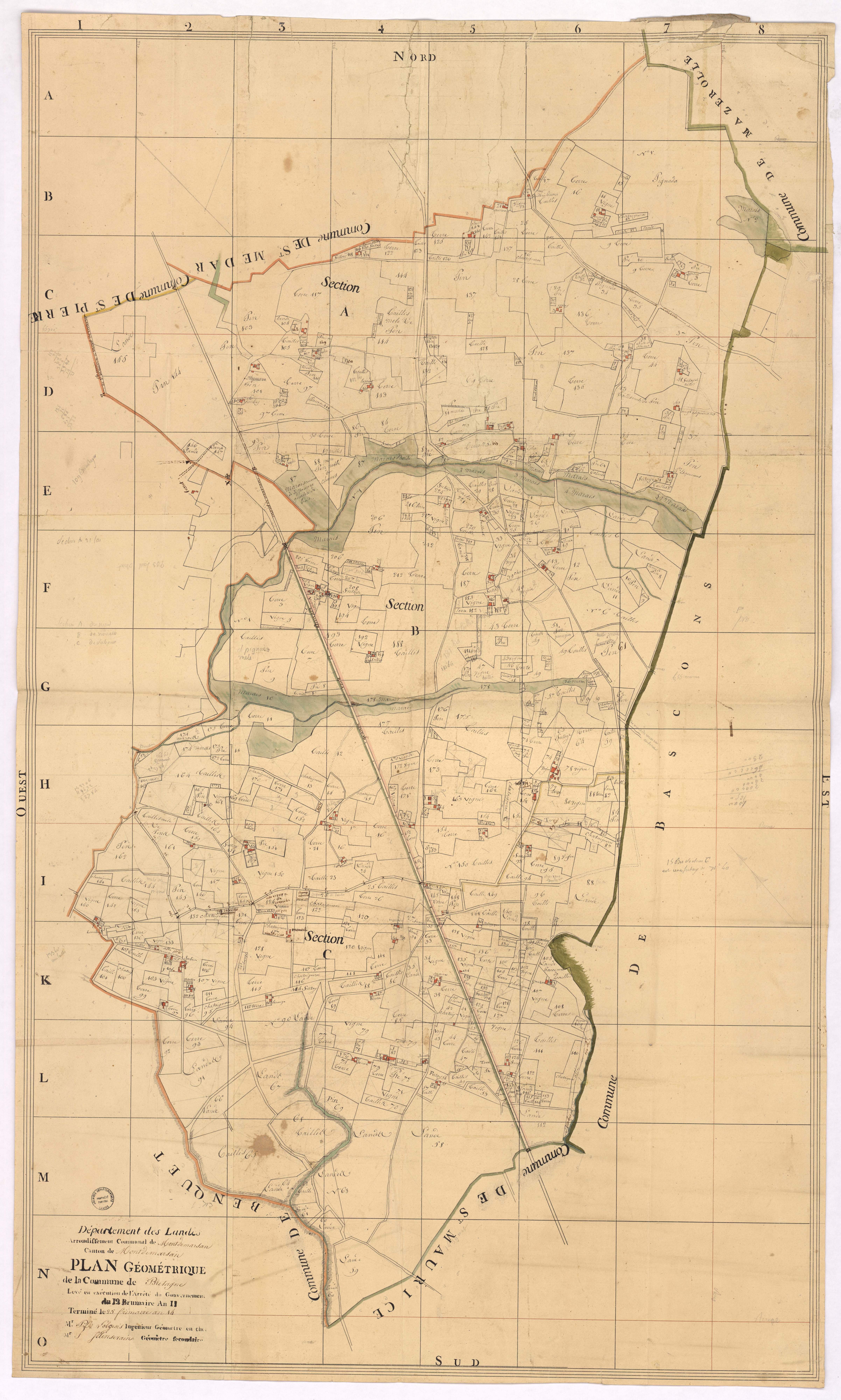 Bretagne-de-Marsan - Plan géométrique de la commune de Bretagne, par Lobgeois et Sainsevain, géométres